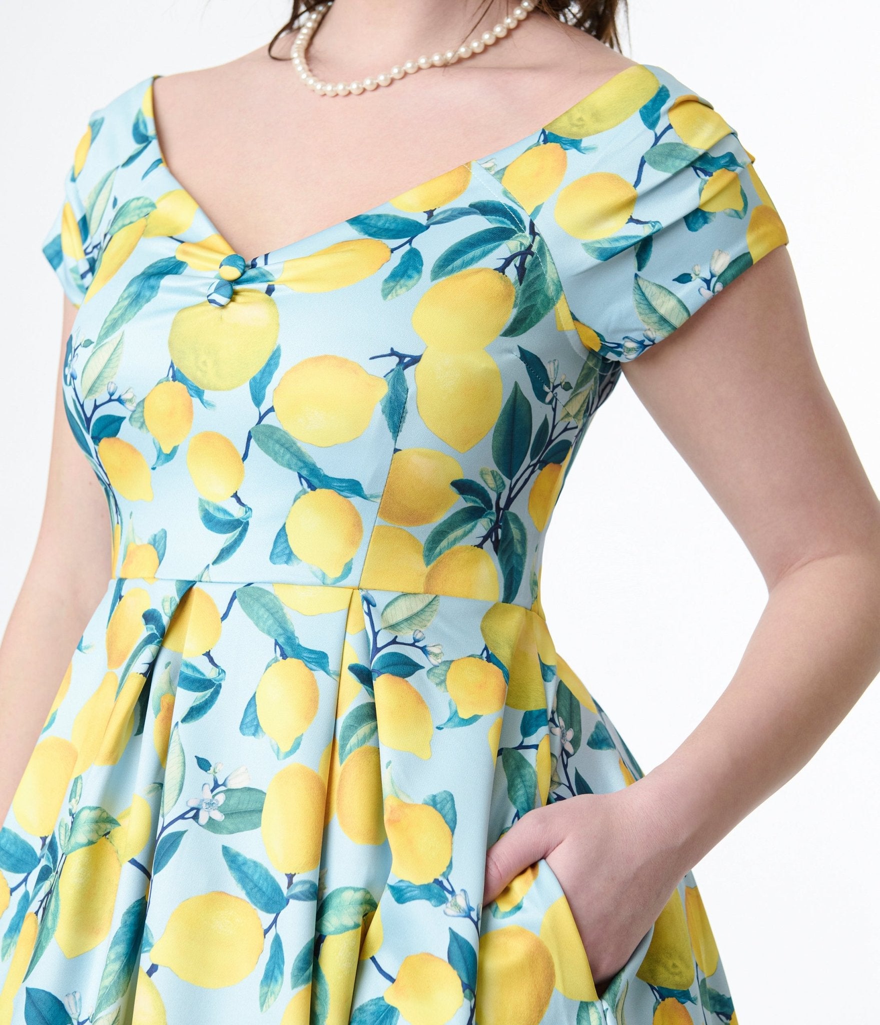 Dolly & Dotty 1950s Blue & Yellow Lemon Off The Shoulder Lily Swing Dress