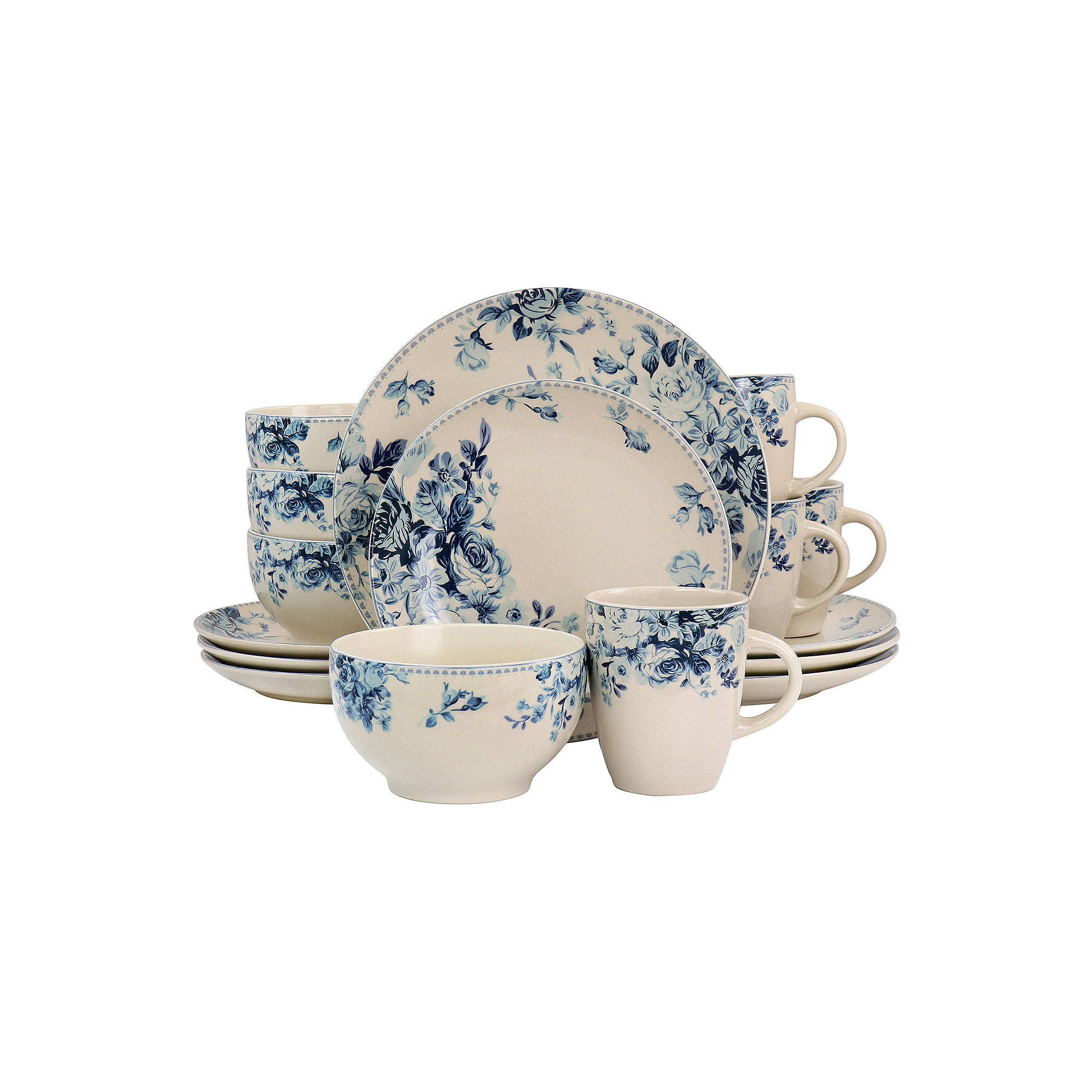 Elama Blue- Rose 16-Pc. Stoneware Dinnerware Set - MULTI ONE SIZE