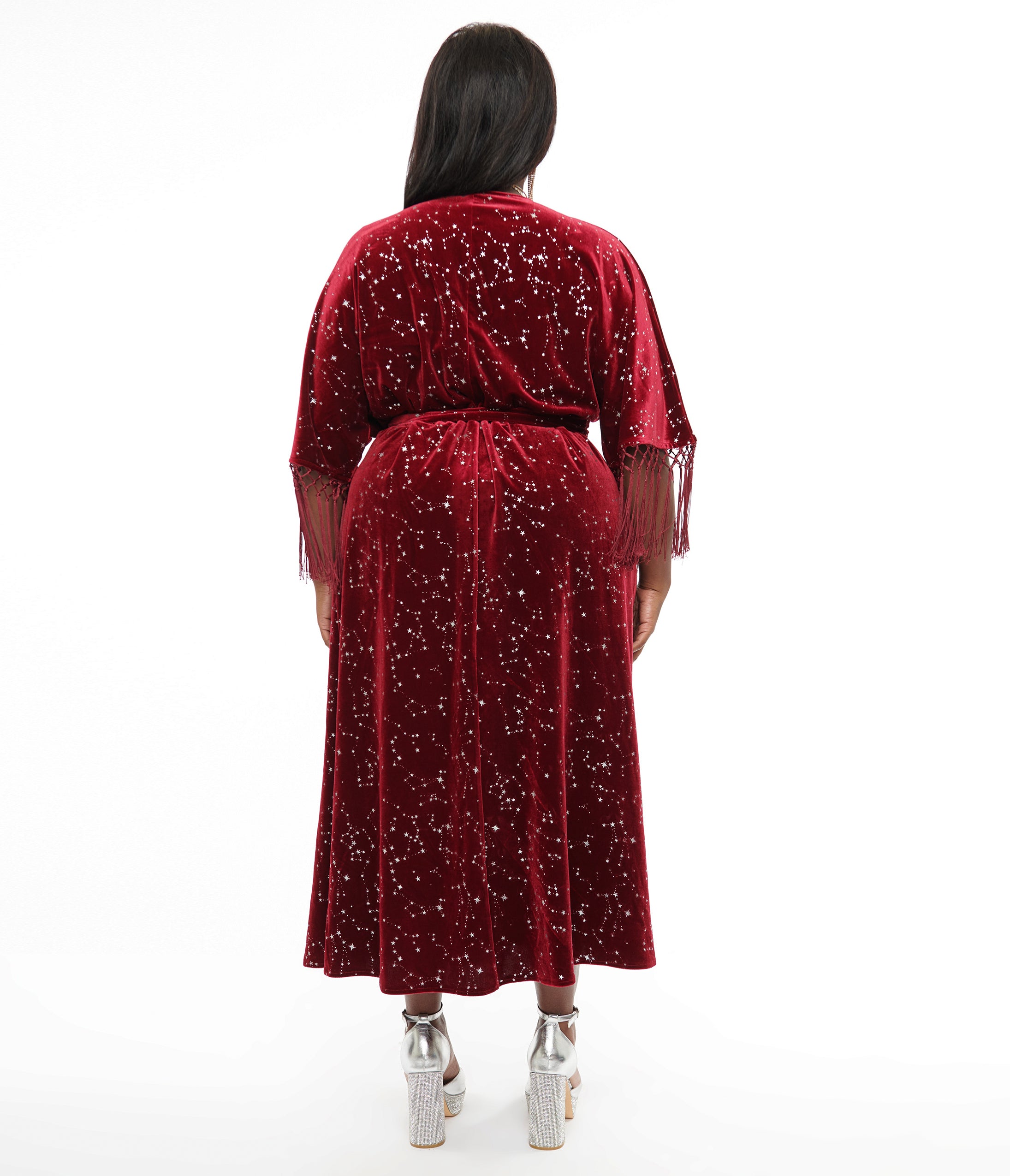 Unique Vintage Plus Size 1970s Burgundy Velvet Silver Star Wrap Midi Dress