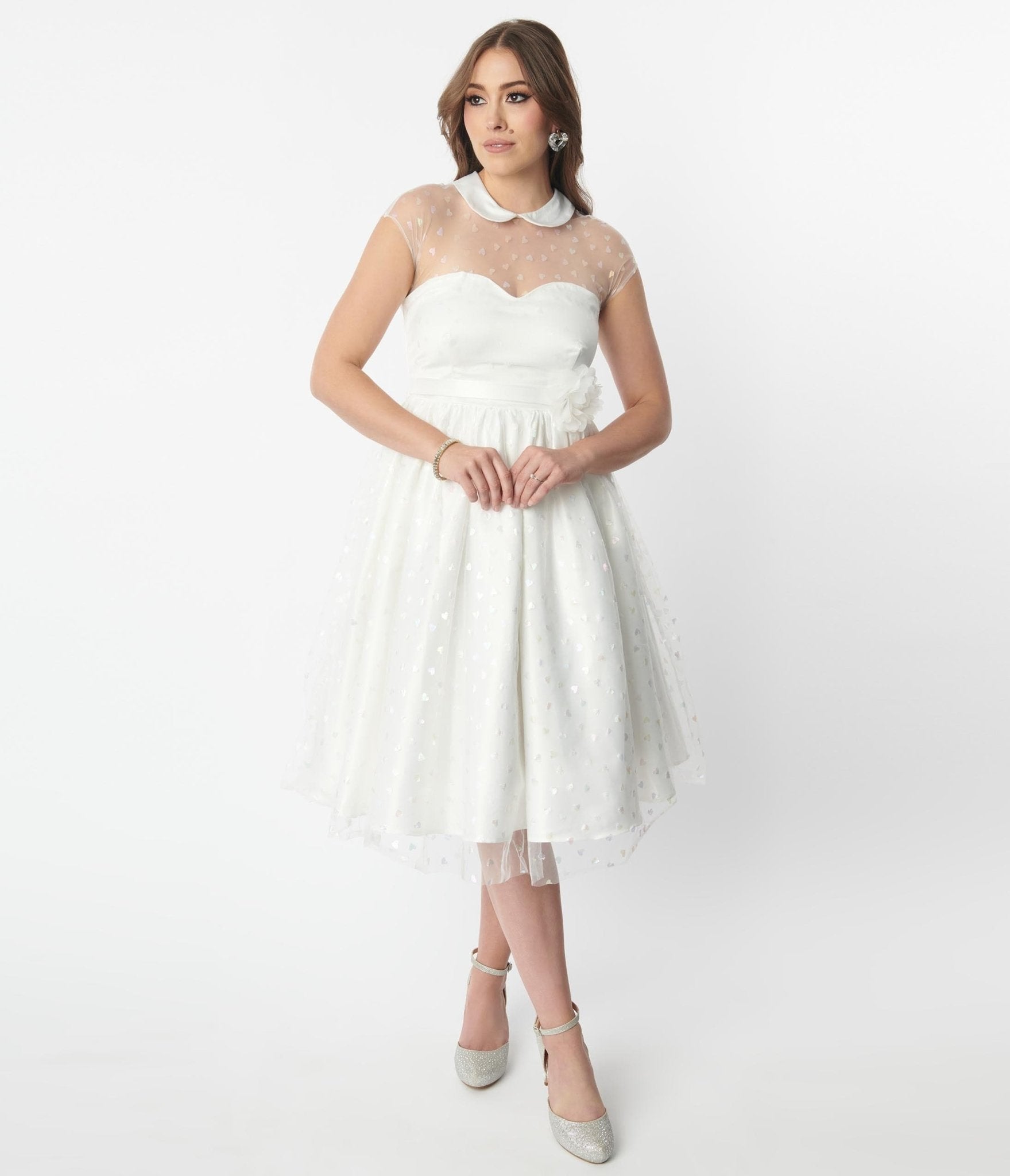 Unique Vintage White & Iridescent Heart Bridal Swing Dress