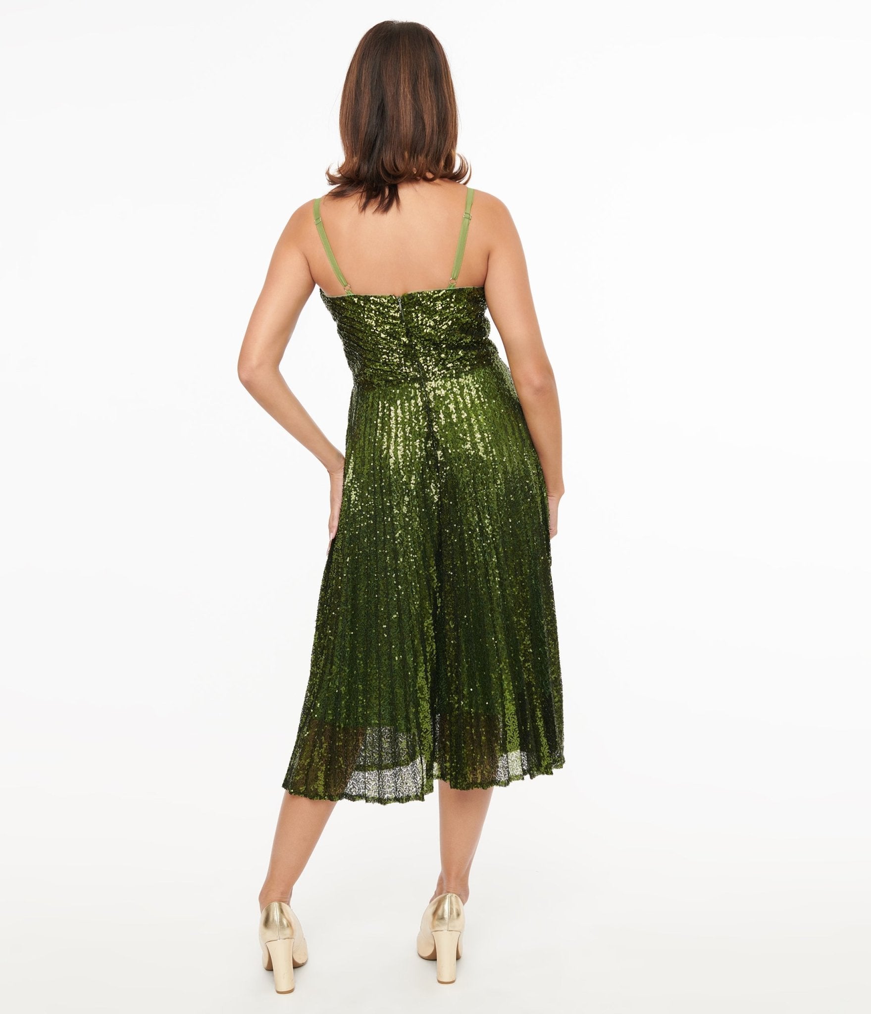 Unique Vintage 1950s Emerald Pleated Sequin Swing Dress