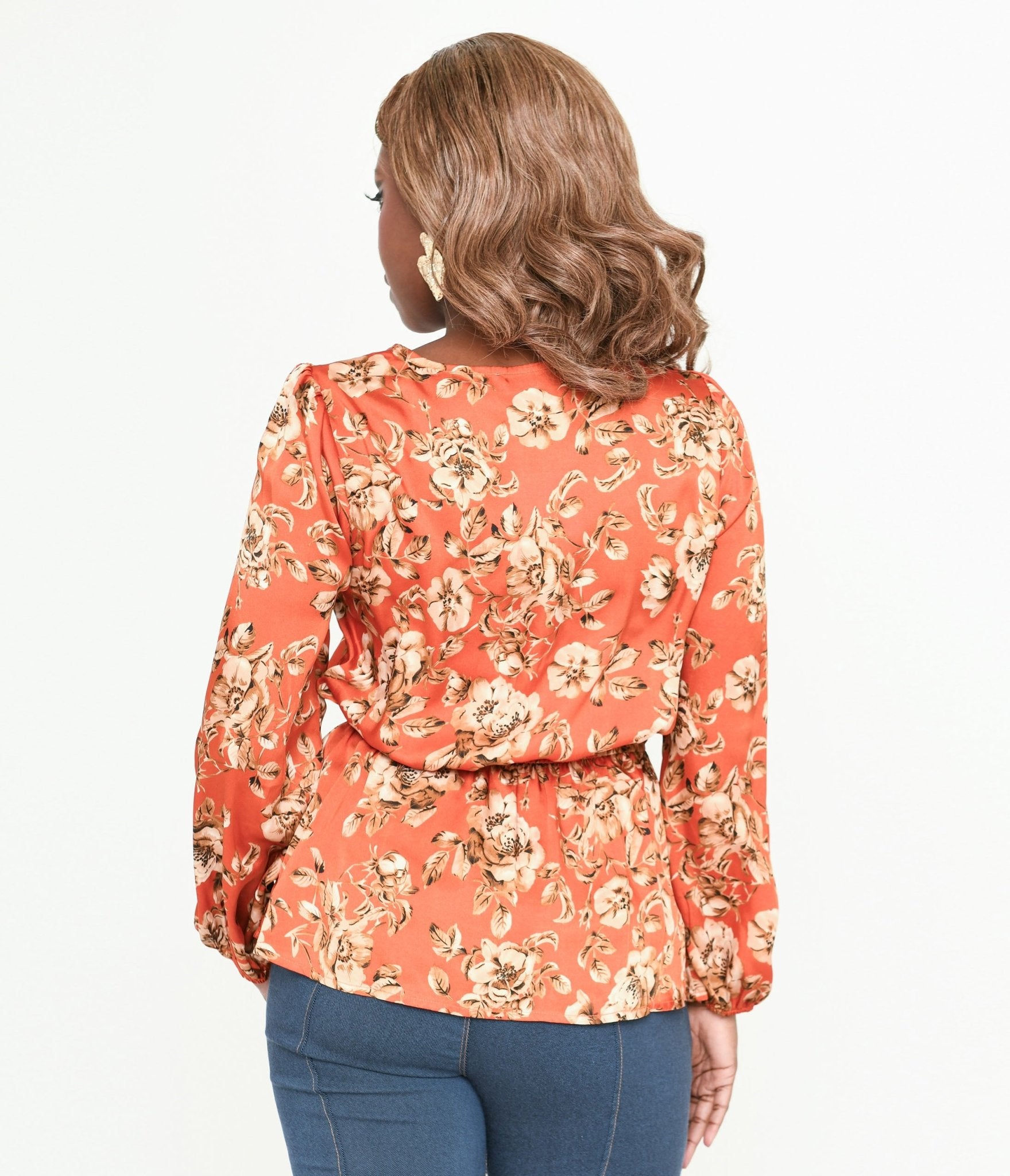 Burnt Orange Floral Satin Peplum Blouse