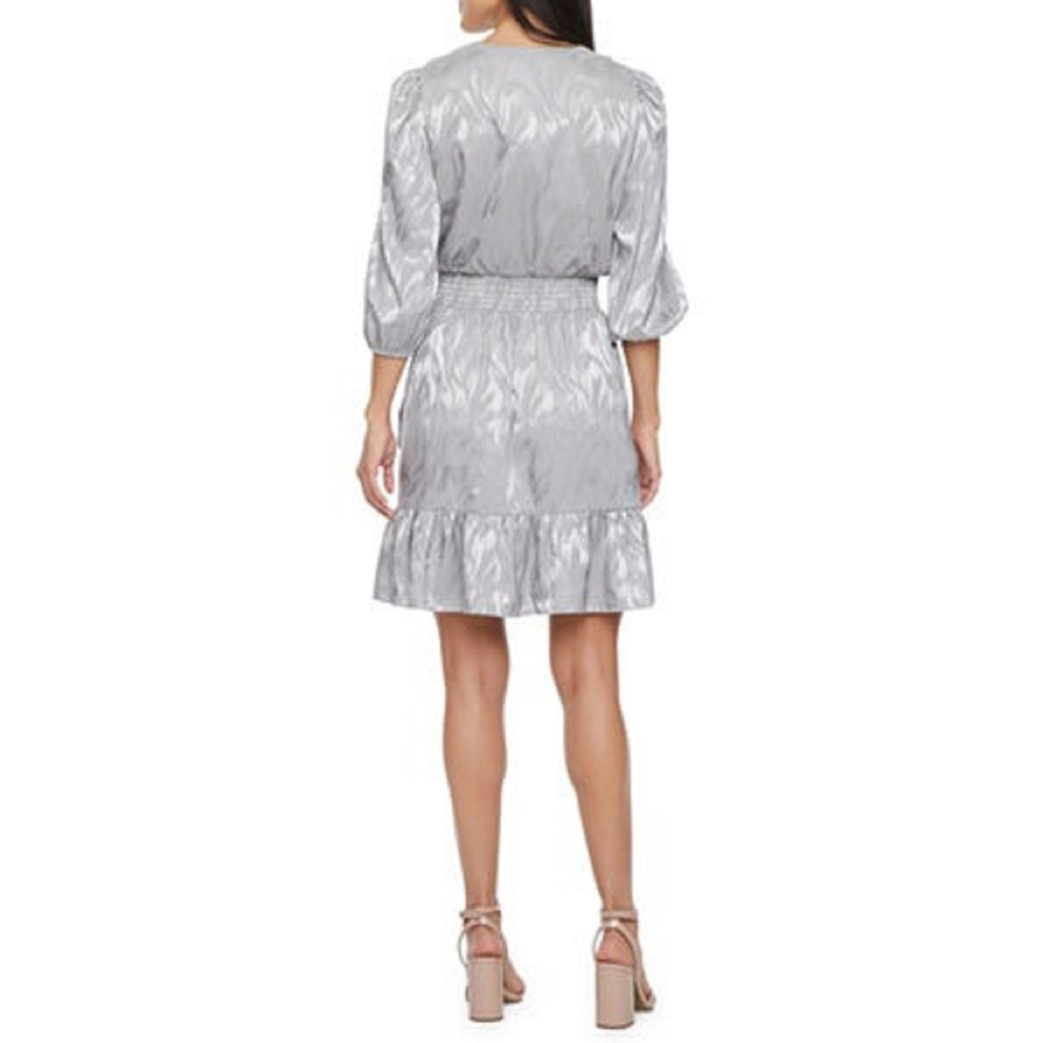 Melonie T 3/4 Sleeve Waves Fit + Flare Dress, 10, Silver - Machine Washable