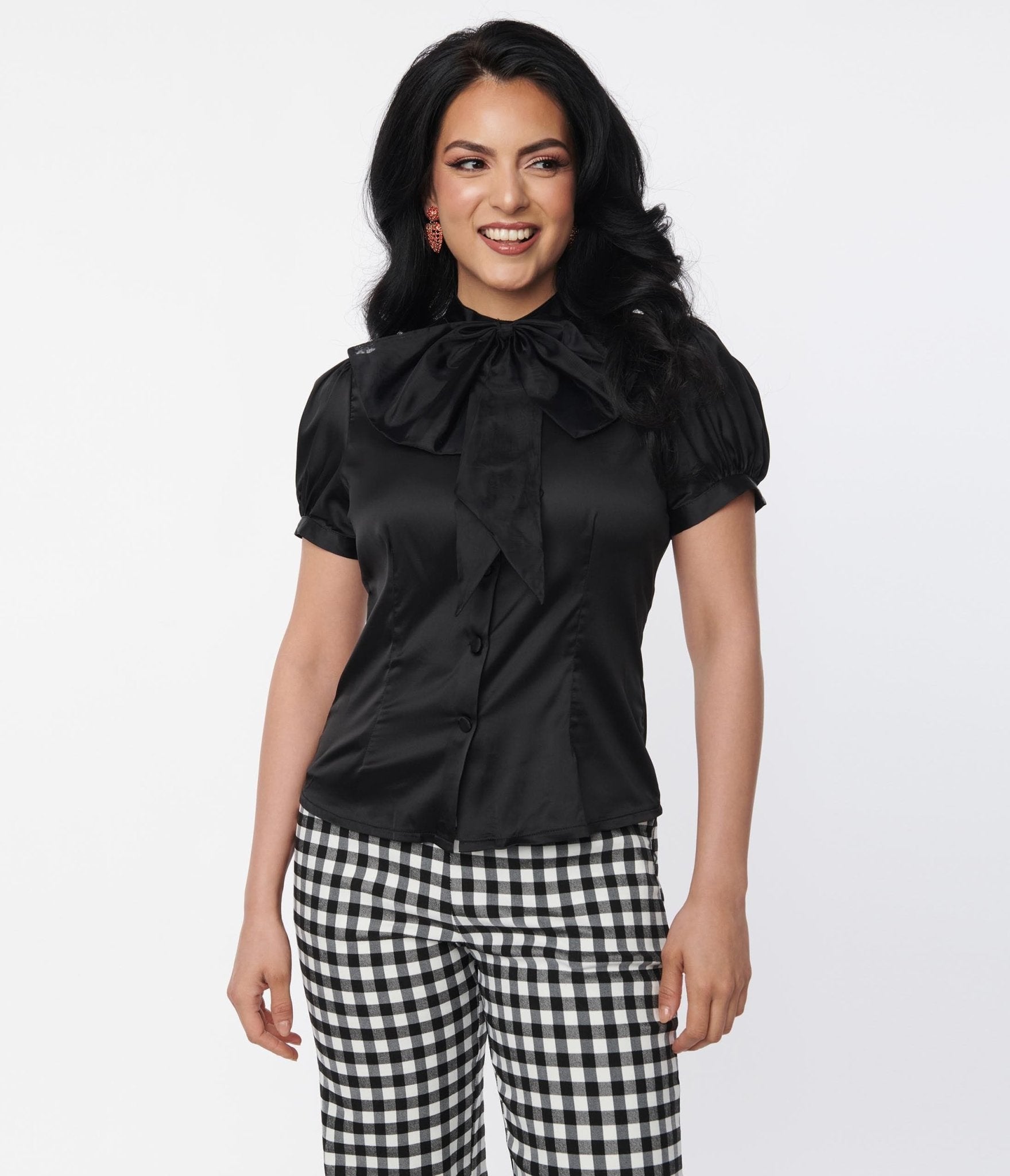 Voodoo Vixen Black Bold Bow Satin Blouse