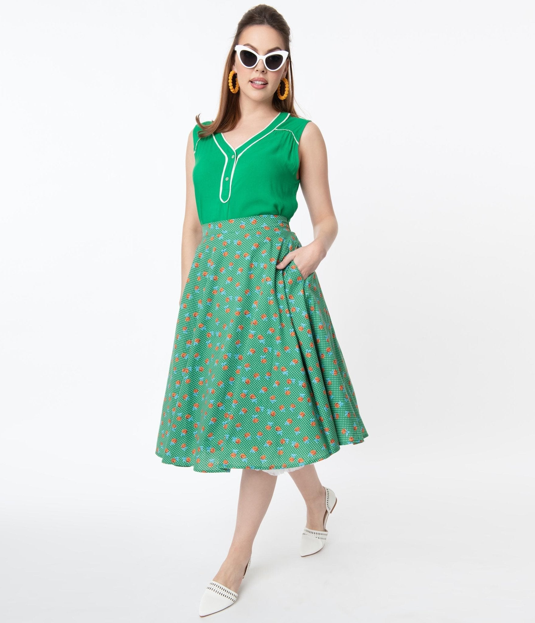 Vintage Style Green Dotted & Red Floral Swing Skirt