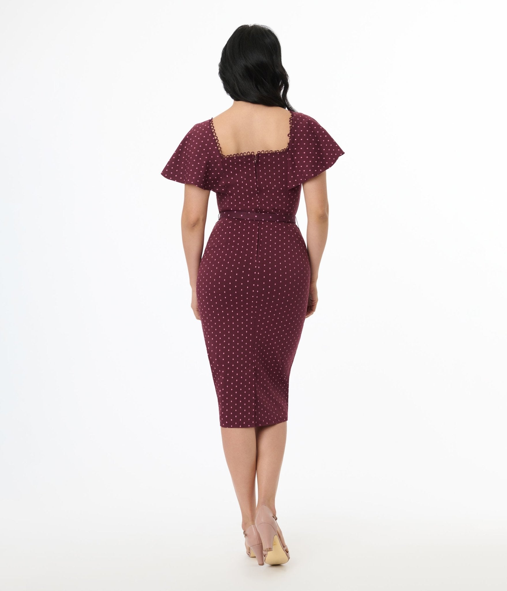 Unique Vintage 1940s Eggplant & Pink Dot Flutter Sleeve Pencil Dress