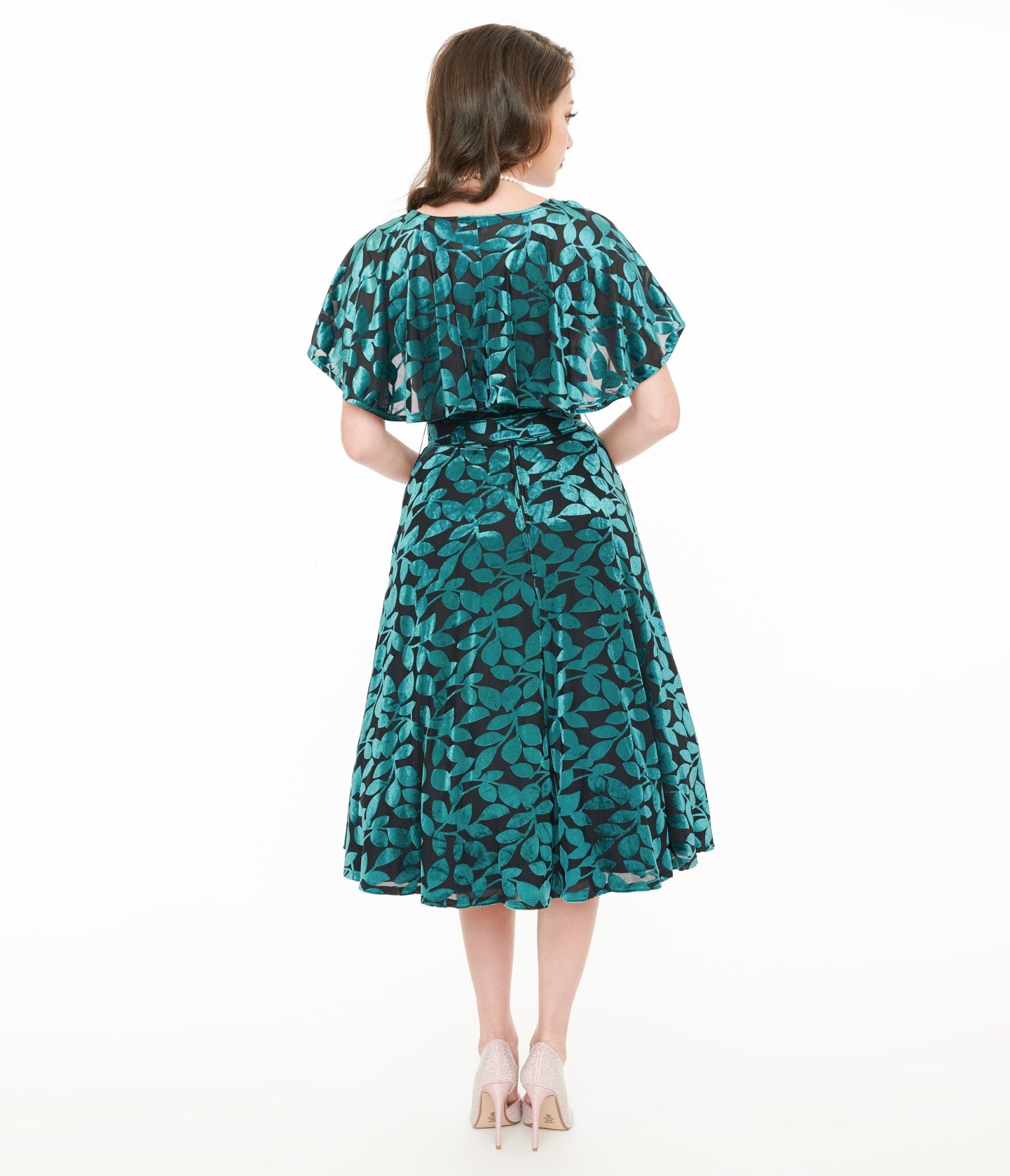 Unique Vintage 1950s Teal & Black Velvet Burnout Capelet Swing Dress