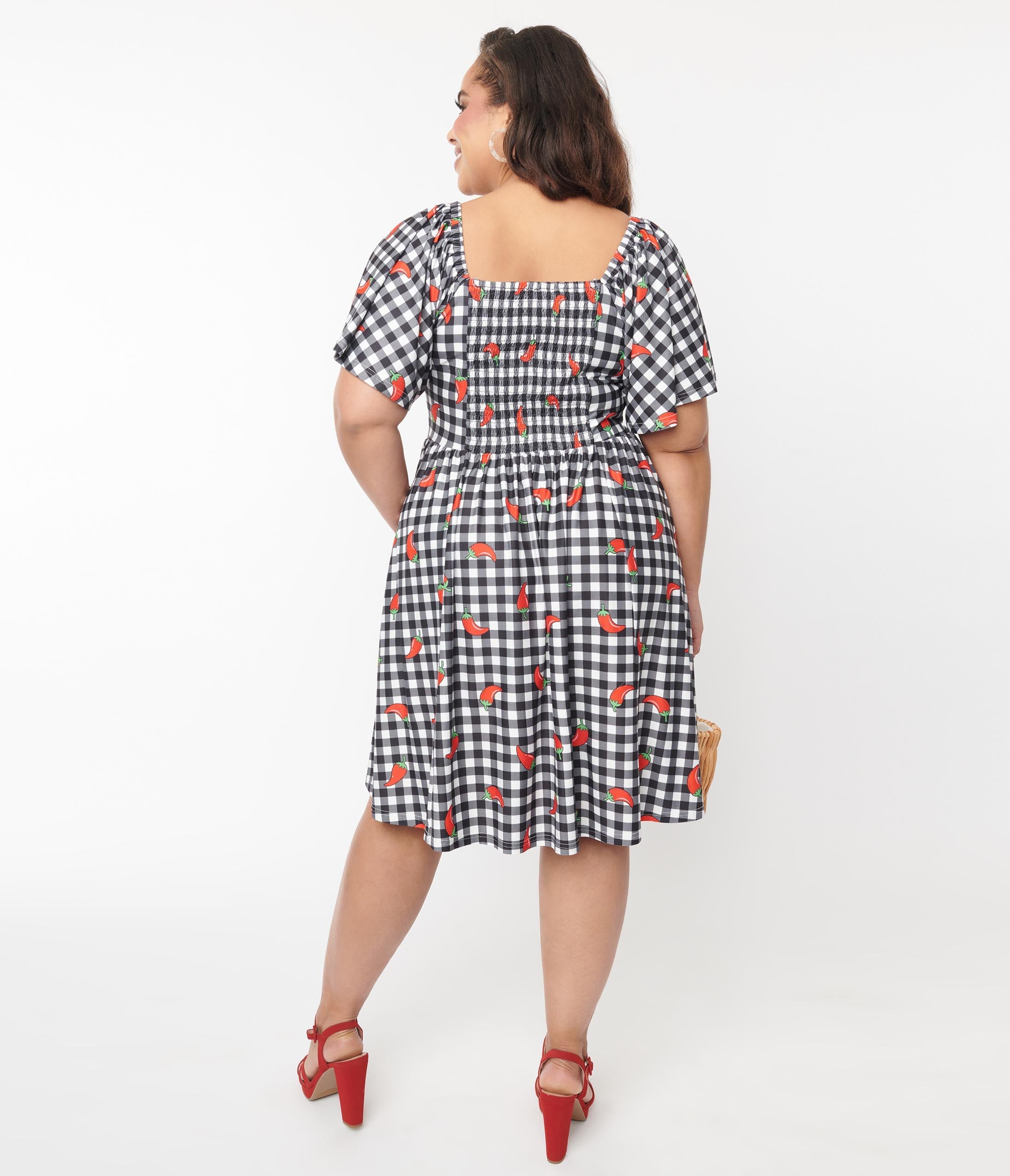 Unique Vintage 1950s Curve Black & White Chili Pepper Gingham Swing Dress