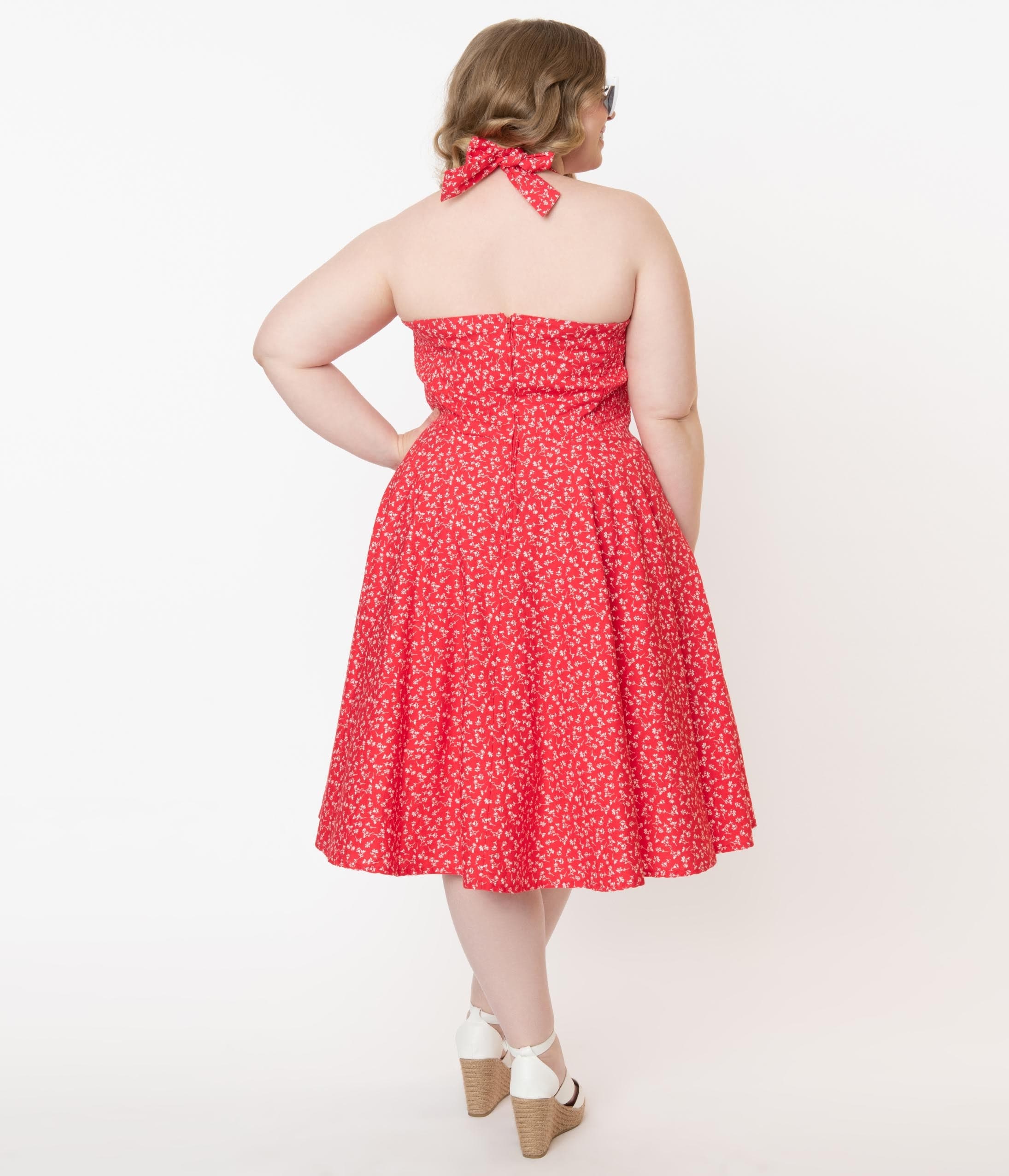 Plus Size Retro Red & White Floral Halter Kimberly Swing Dress