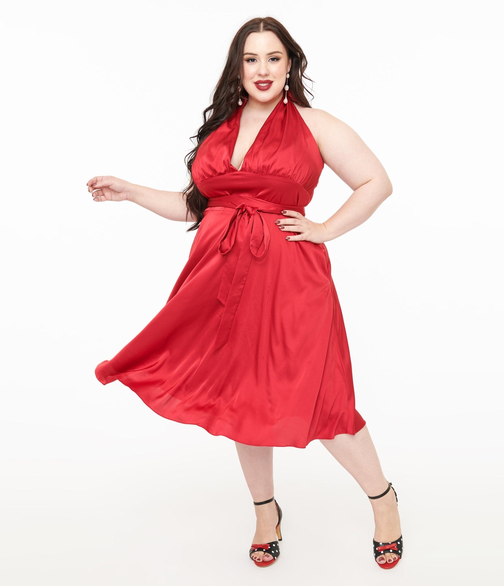 Unique Vintage Plus Size Red Satin Halter Swing Dress