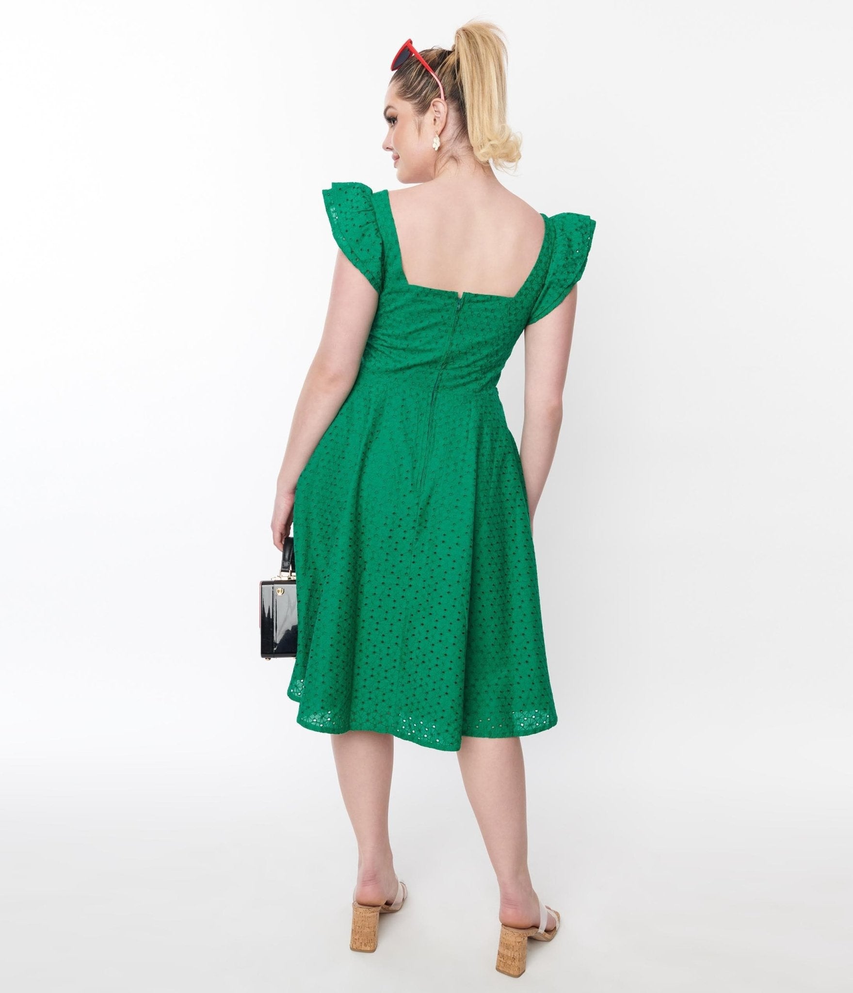 Green Eyelet Ruffle Sleeve Swing Dress