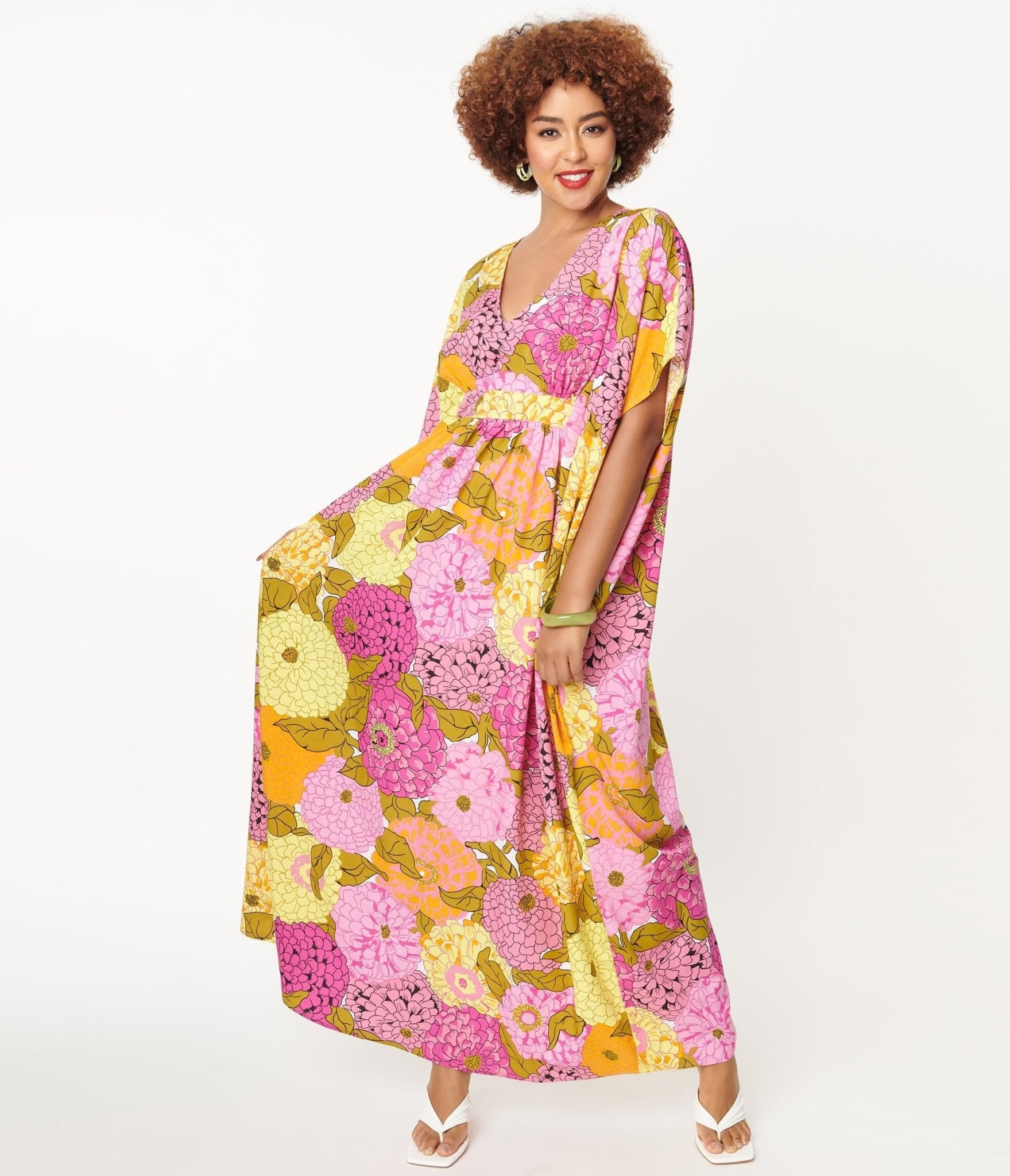 Unique Vintage 1970s Pink & Yellow Floral Print Burton Caftan Dress