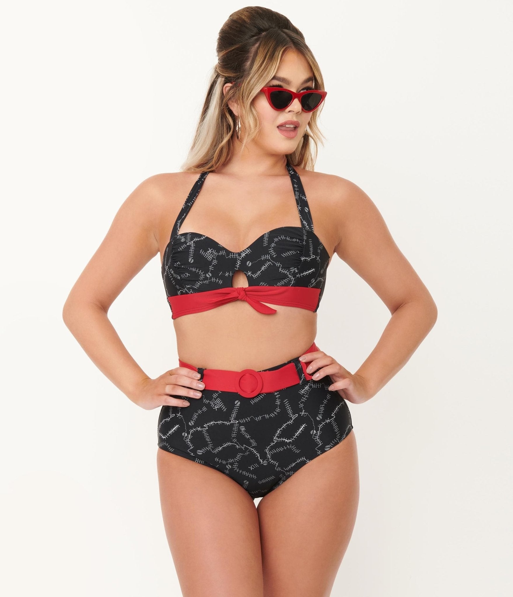 Unique Vintage Black Spooky Stitches Mrs. West Swim Top