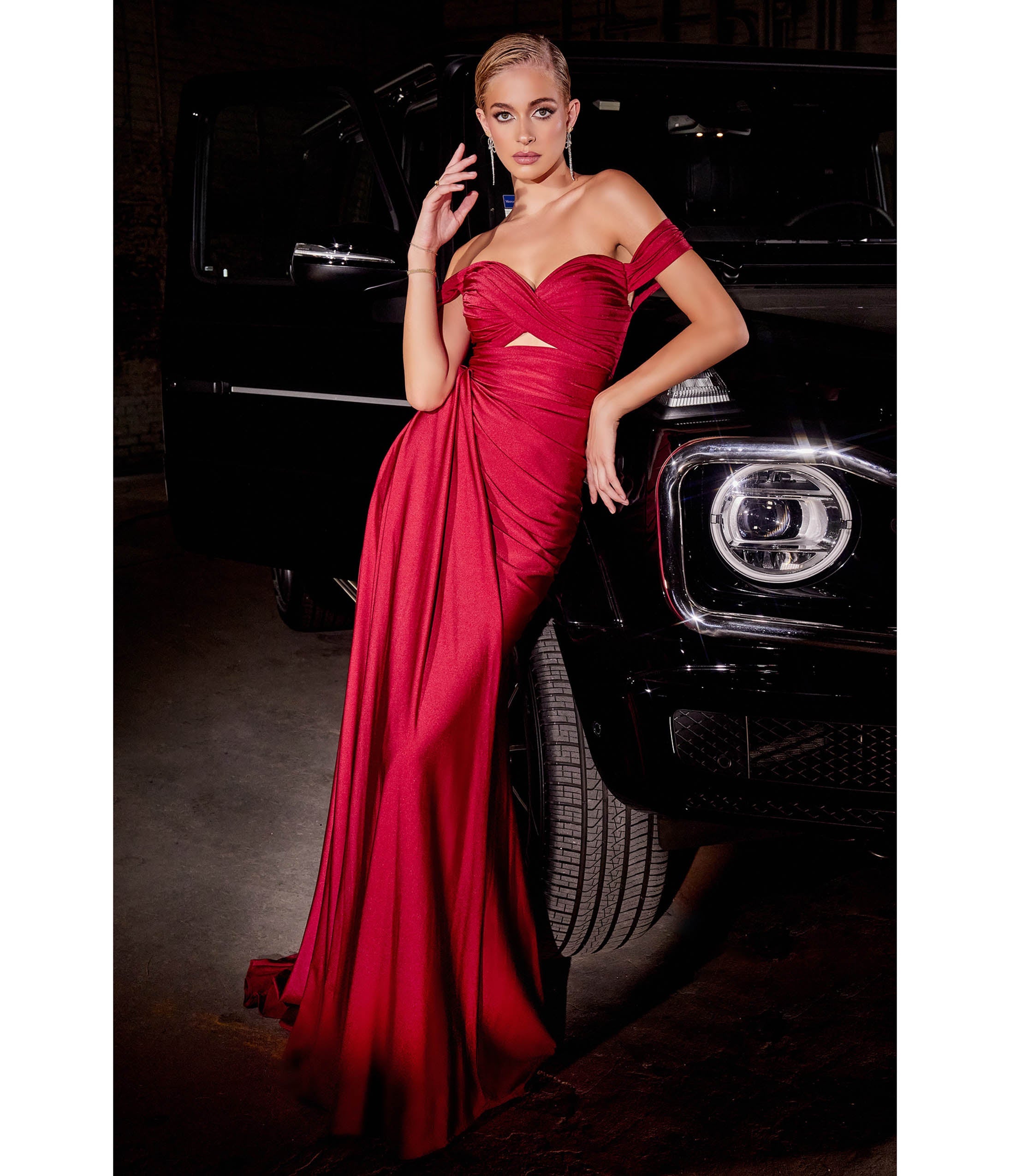 Ladivine by Cinderella Divine Deep Red Keyhole Satin Prom Gown