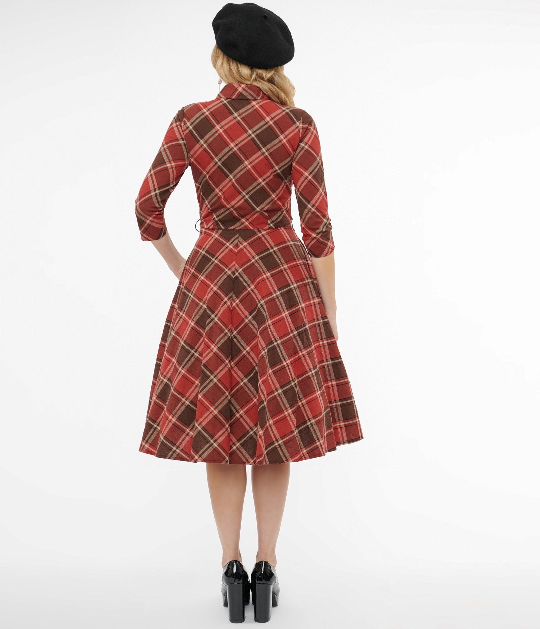 Unique Vintage 1950s Red & Brown Bias Plaid Swing Dress