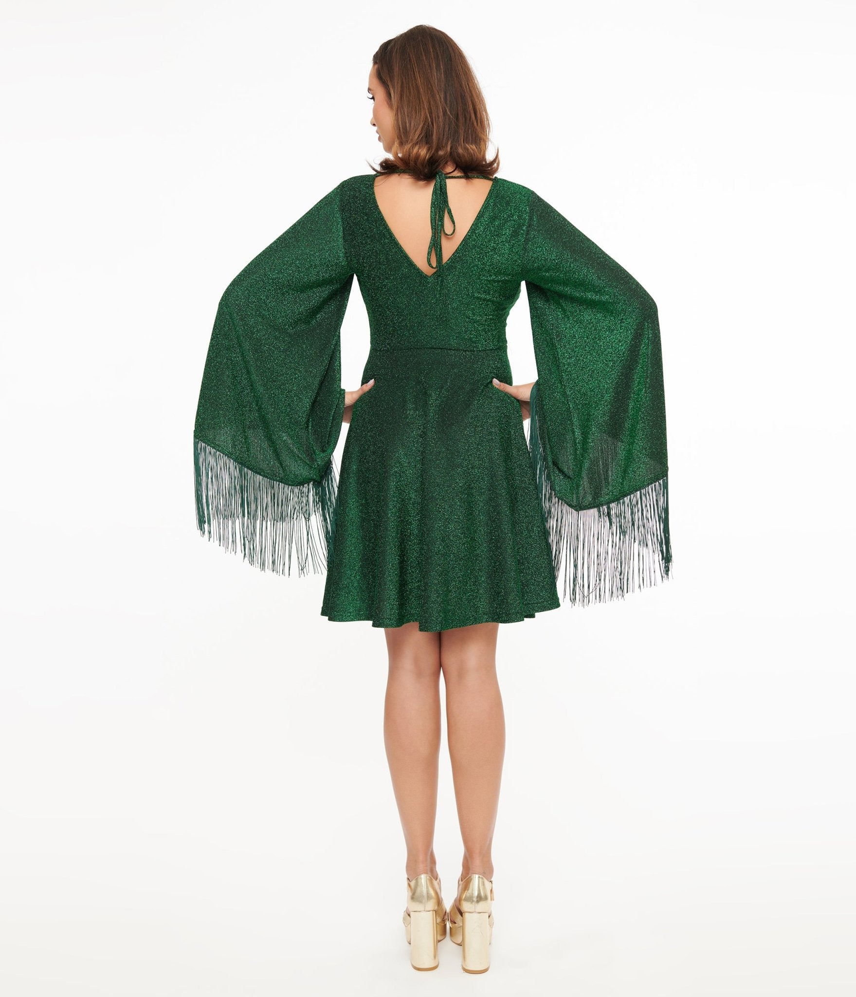 Smak Parlour 1970s Green Sparkle & Fringe Bell Sleeves Dress