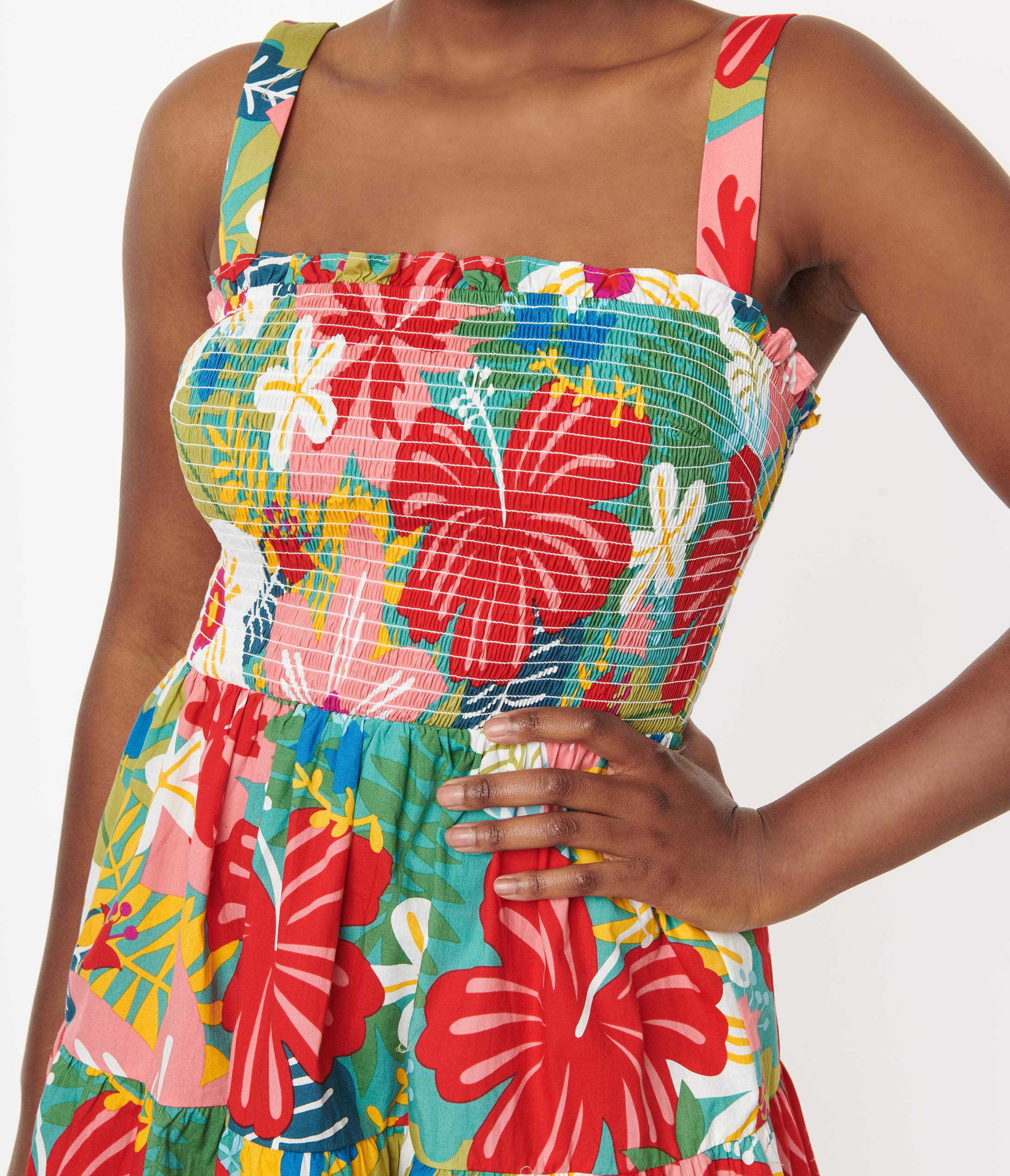 Multicolor Tropical Floral Smocked Flare Dress