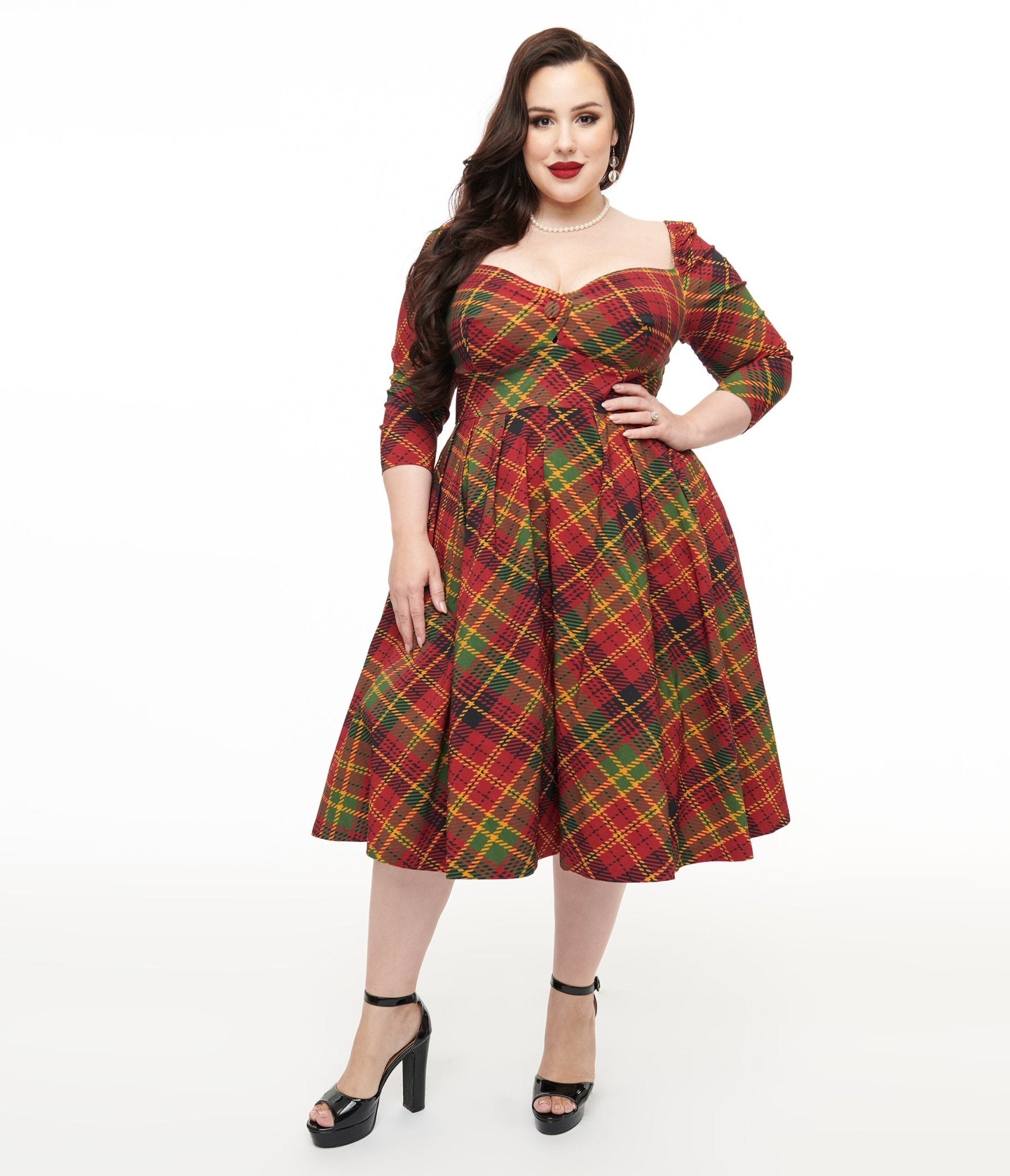 Unique Vintage Plus Size 1950s Burnt Orange & Green Plaid Lamar Swing Dress