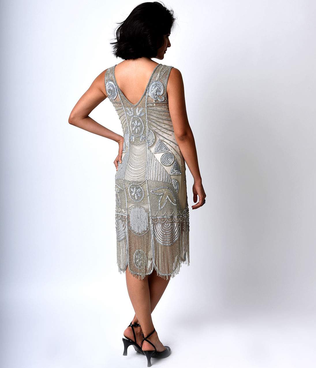 Unique Vintage 1920s Style Silver Hand Beaded Fringe Bosley Flapper Dress