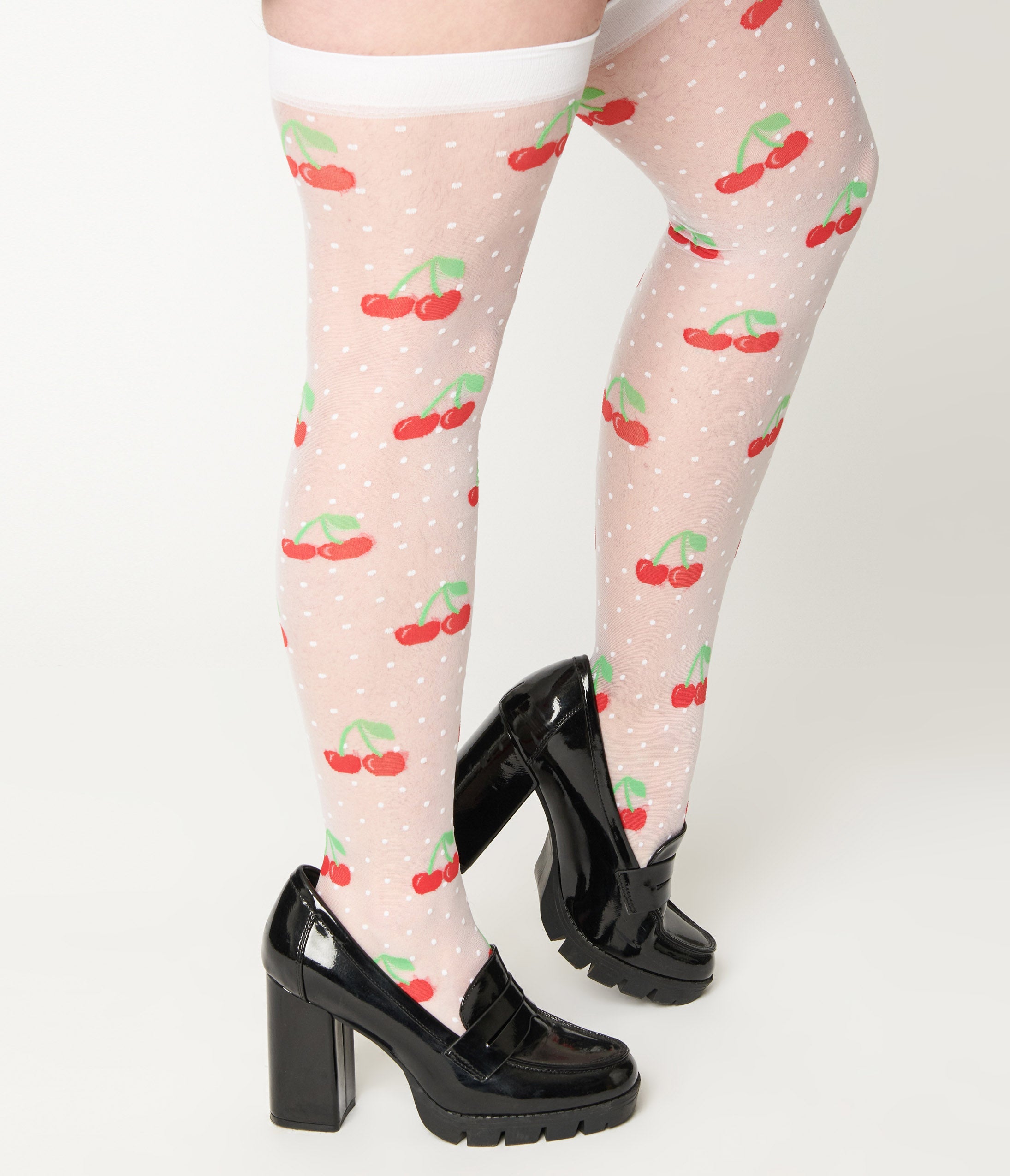 Sheer White Cherry Dot Thigh High Socks