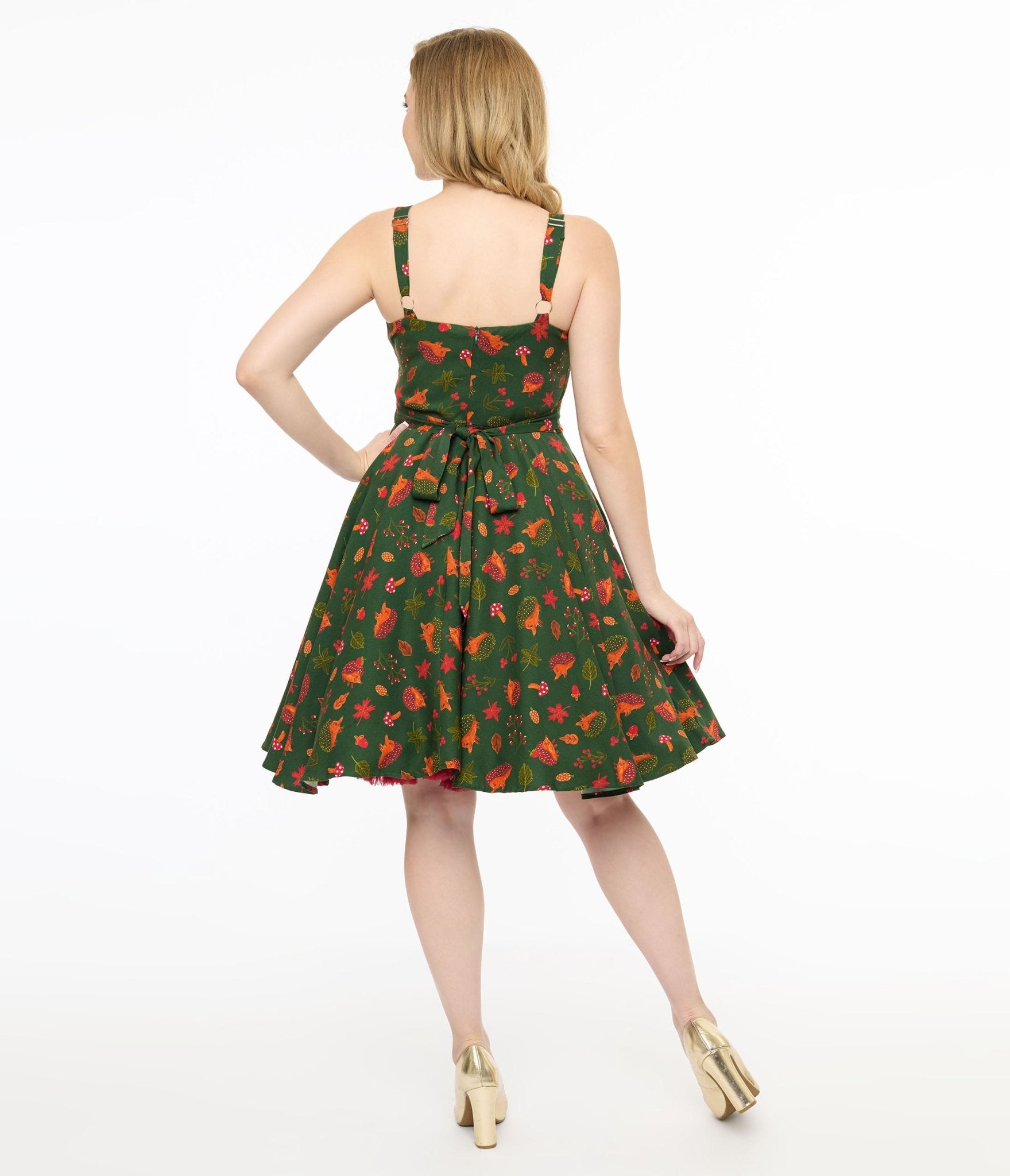 Miss Lulo 1950s Green Hedgehog Forest Print Kyla Fit & Flare Dress