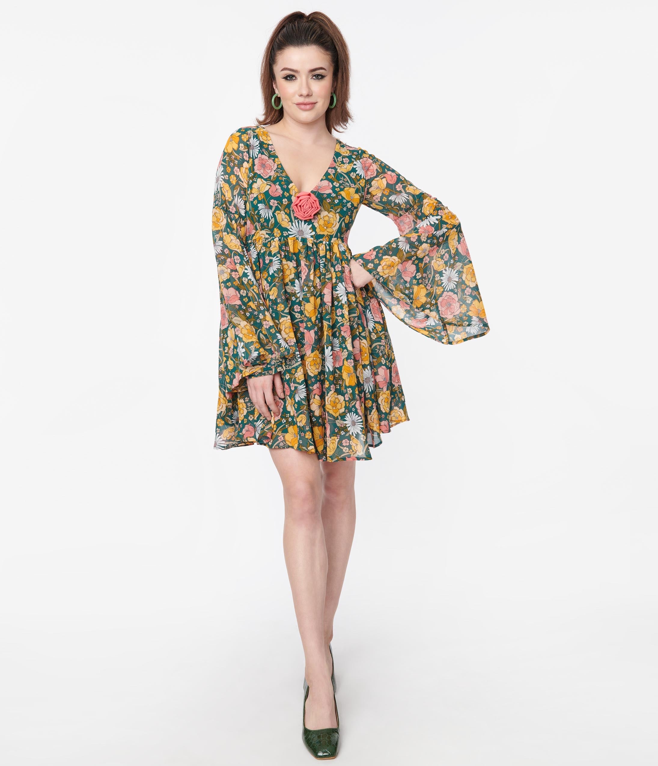 Unique Vintage Hunter Green Floral Empire Waist Dress