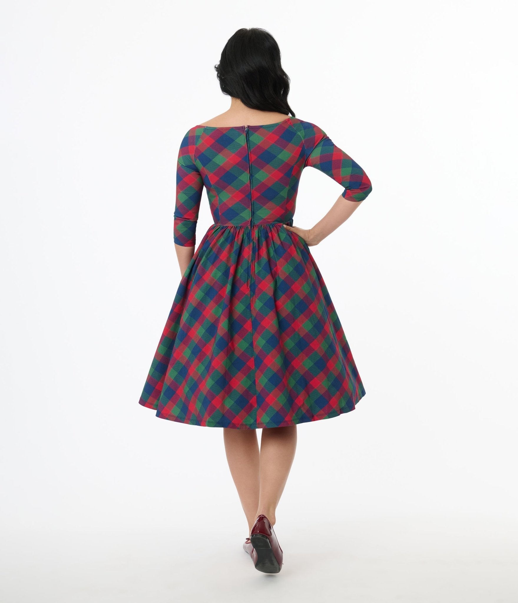 Unique Vintage 1950s Green & Red Plaid Sweetheart Swing Dress