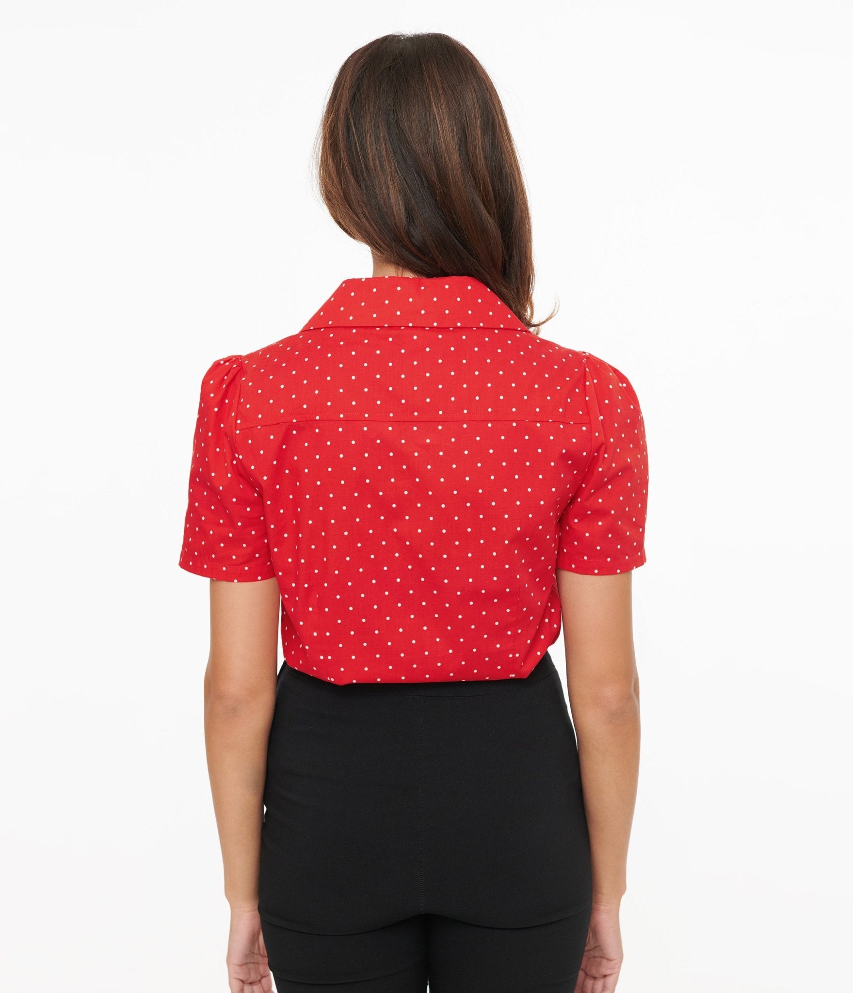 Disney Mickey & Friends Collection by Unique Vintage Red Pin Dot Mickey Mouse Silhouette Cotton Blouse