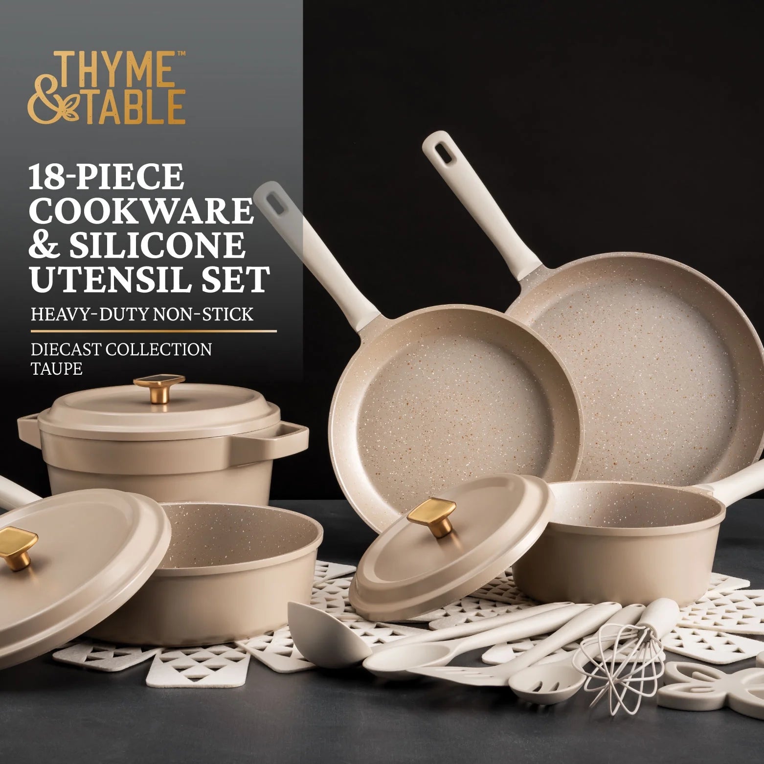 Thyme & Table TT1145RP-ECOM Diecast 18-Piece Cookware & Silicone Utensil Set Non-Stick - Cream