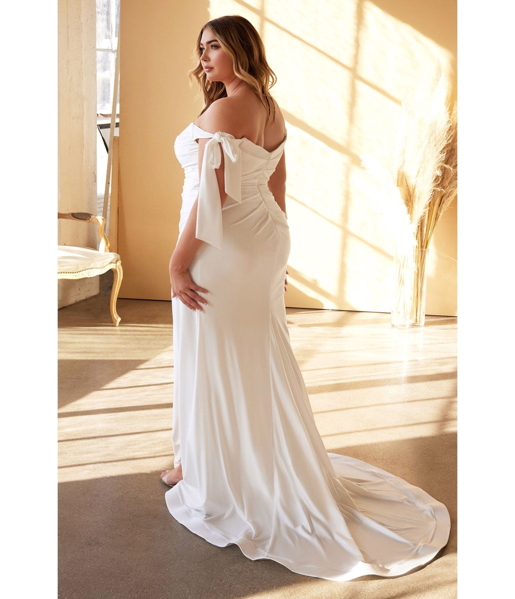 Ladivine by Cinderella Divine Plus Size White Off The Shoulder Trumpet Bridal Gown