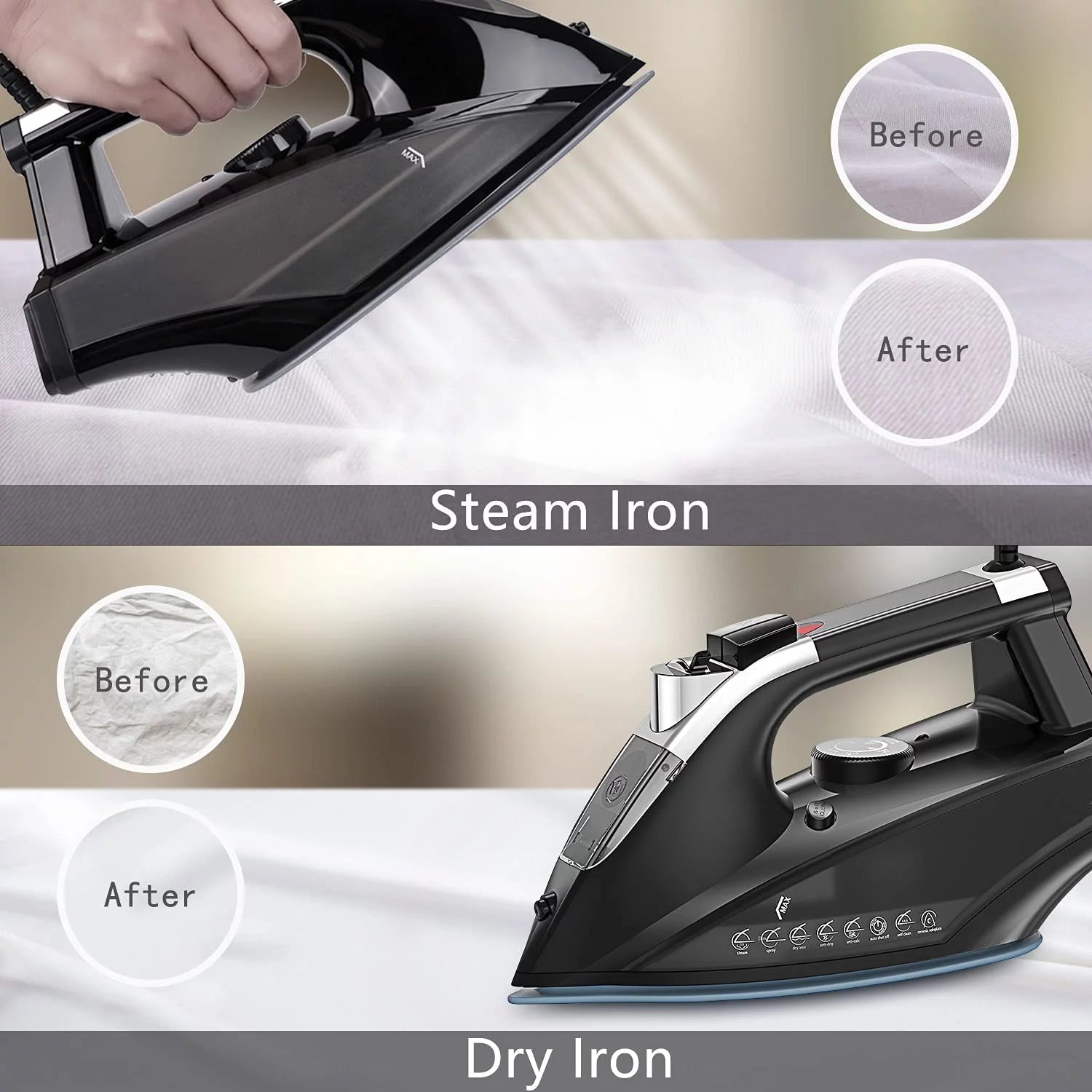 MOOSOO ST1800 1800W Professional Steam - Dry Iron Lightweight Portable Steam Iron with Auto-Off Protect, Anti-Drip