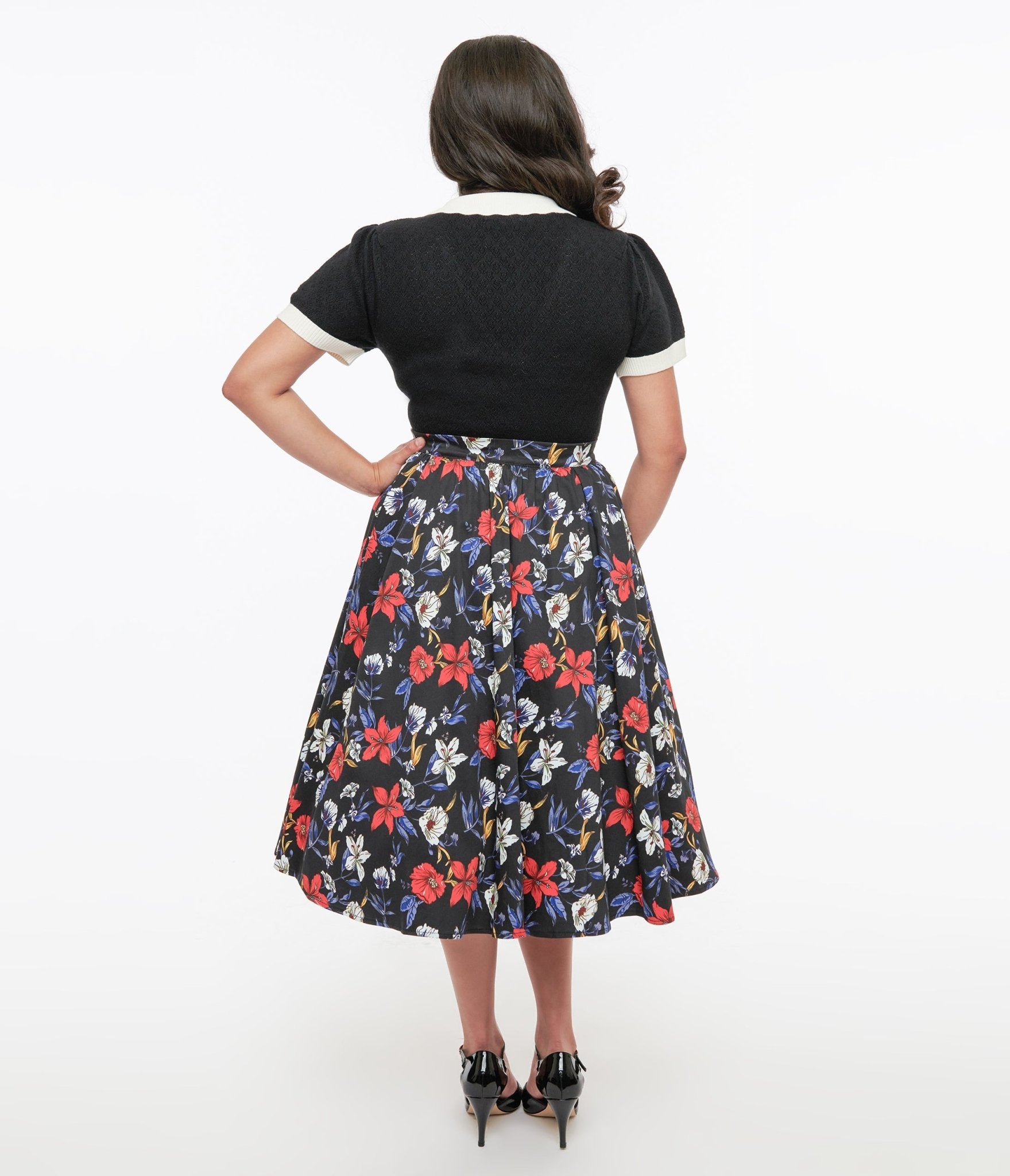 Black Floral Print Milly Swing Skirt