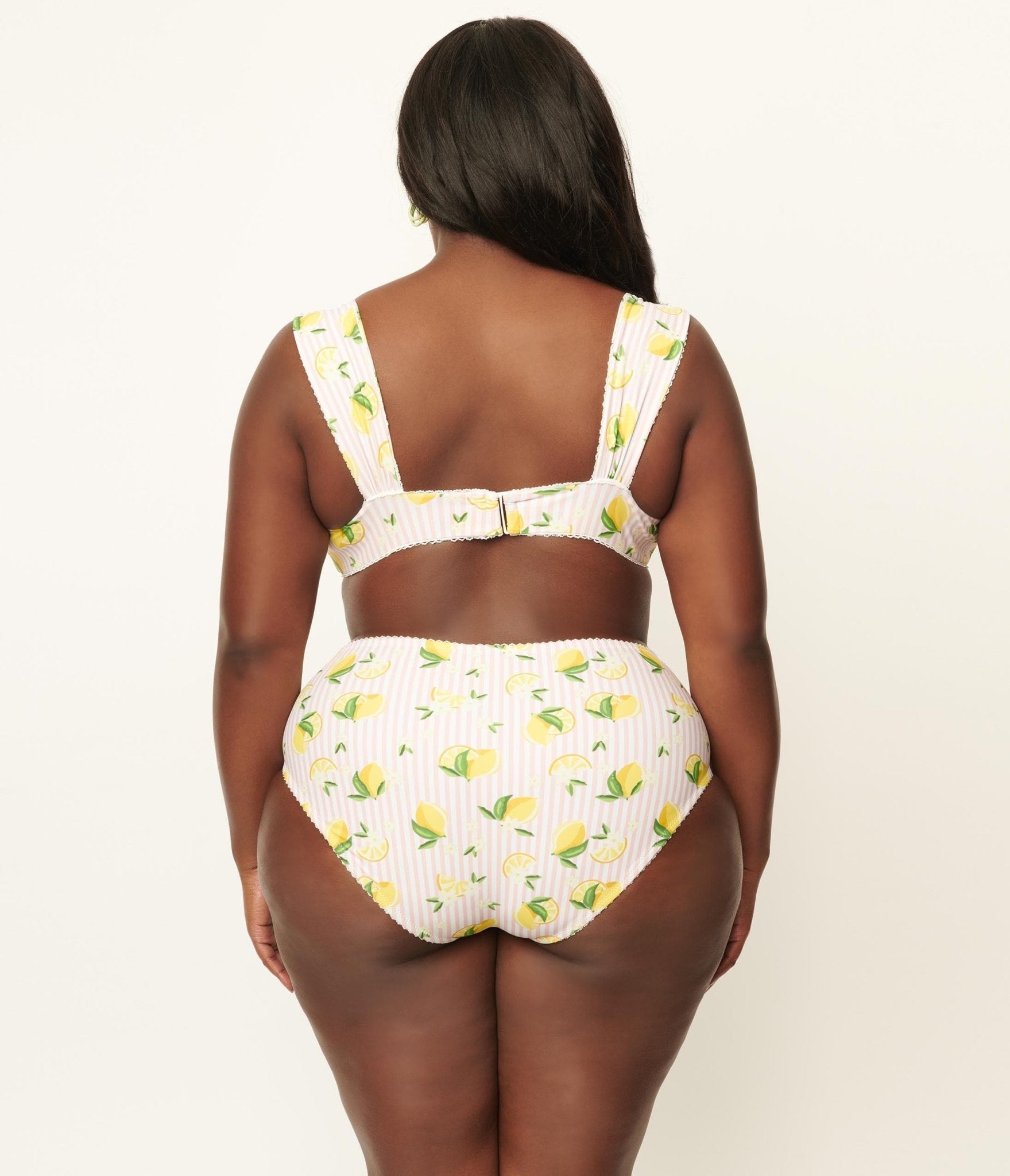 Unique Vintage Plus Size Light Pink Stripes & Lemons Ruched & Ready Swim Top