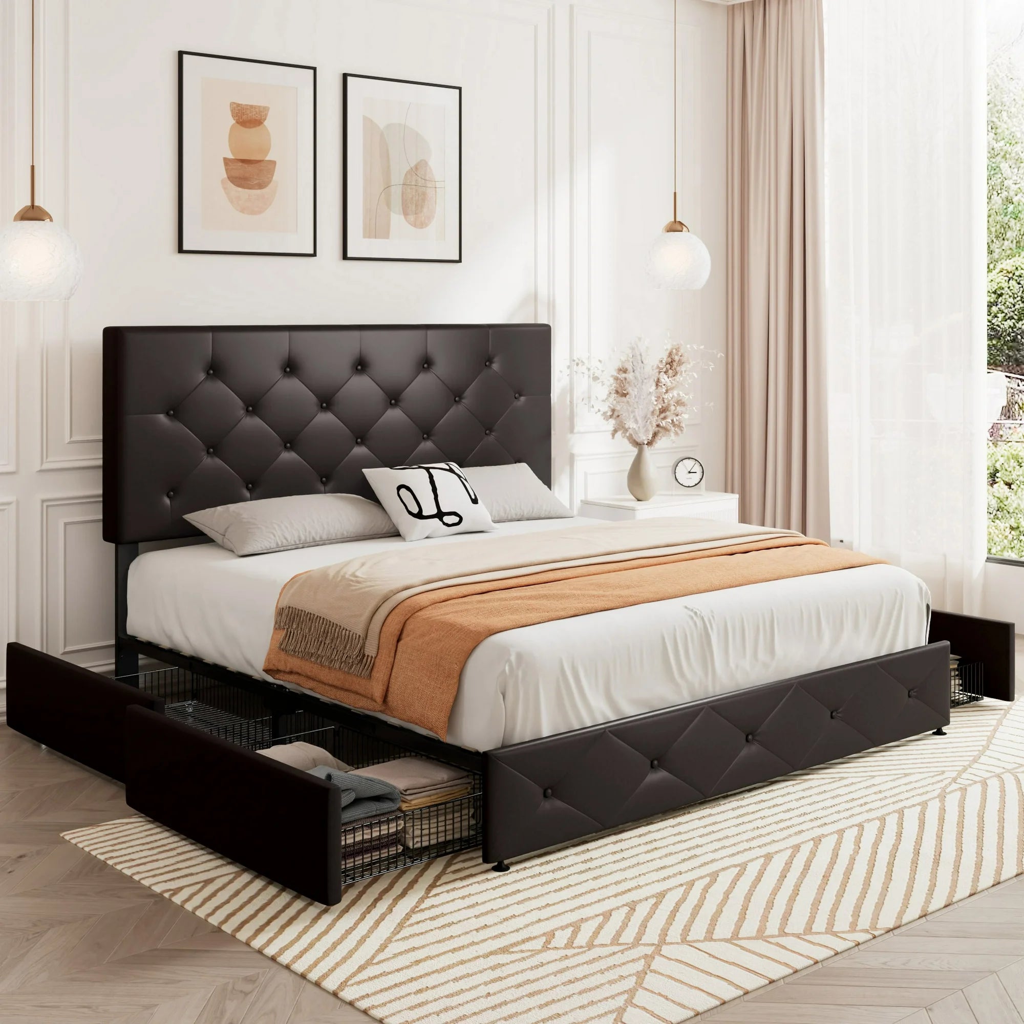 Sifurni HM-1011338-1+2 Queen Size Upholstered Platform Bed Frame, Black-brown