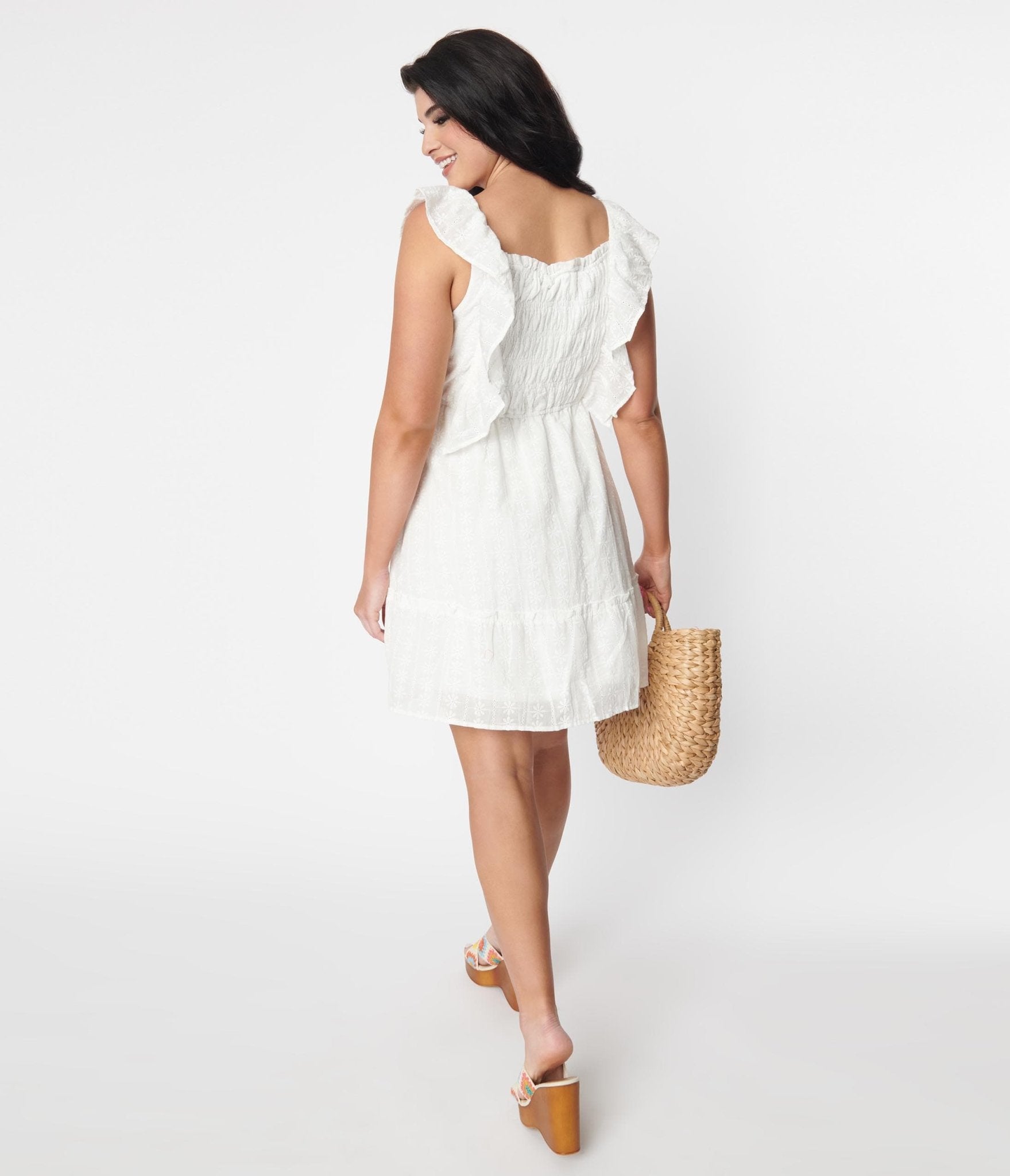 White Floral Embroidered Ruffled Shift Dress