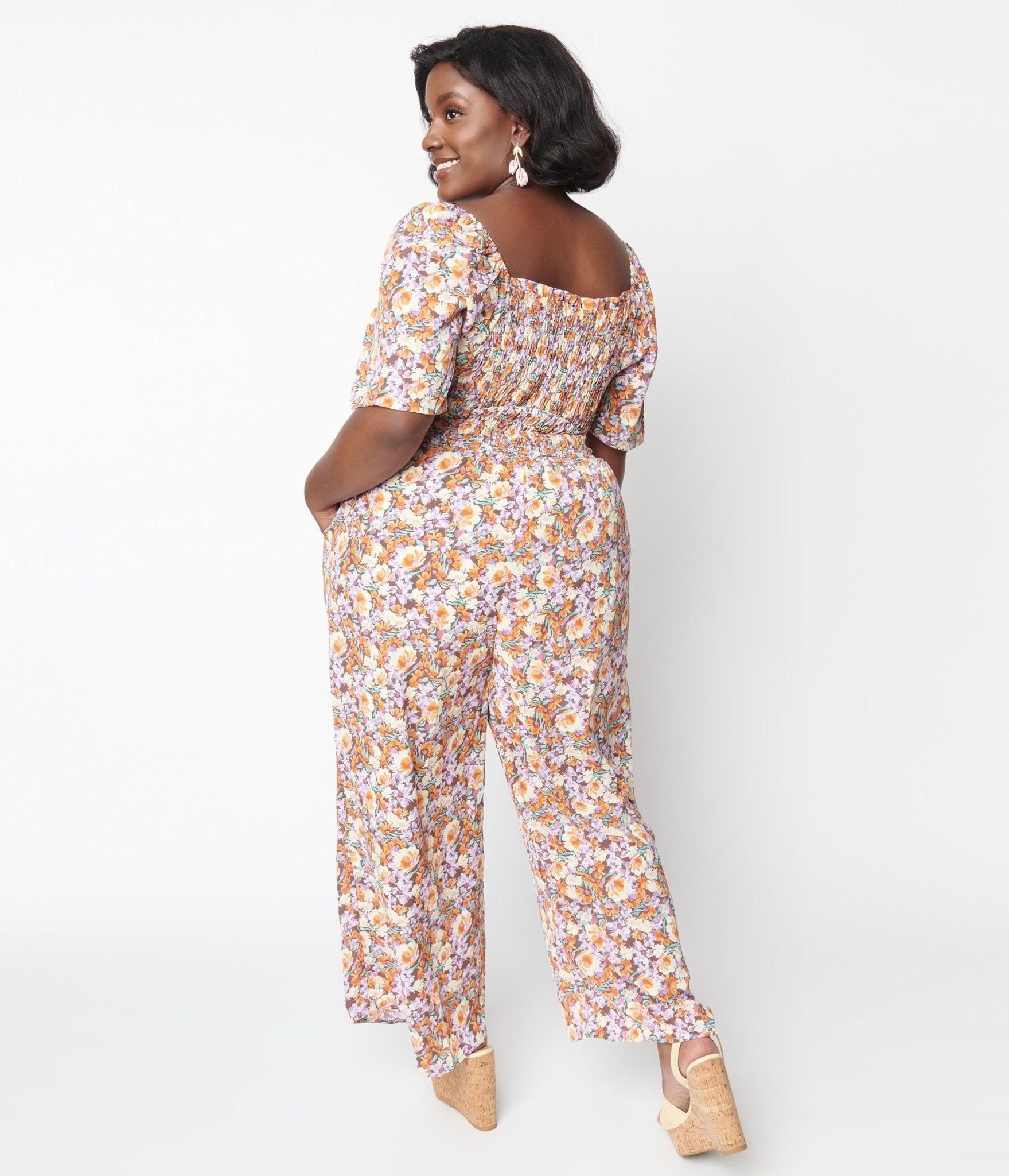 1970s Brown Daisy Floral Jumpsuit