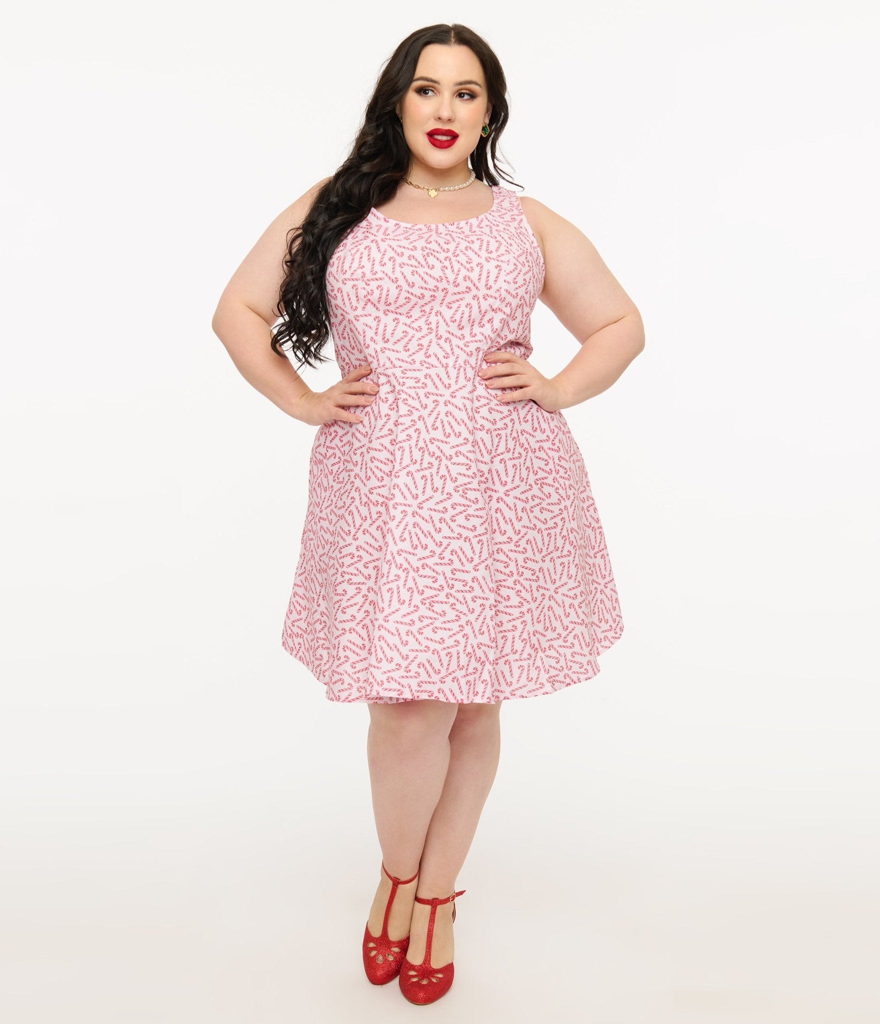 Retrolicious Plus Size 1950s Candy Cane Print Cotton Skater Dress