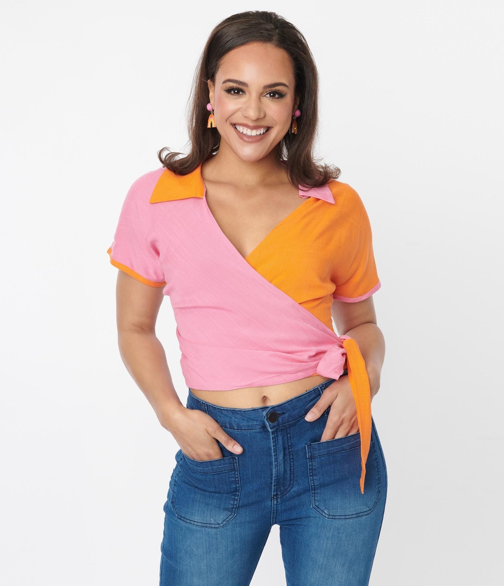 Pink & Orange Colorblock Surplice Wrap Top