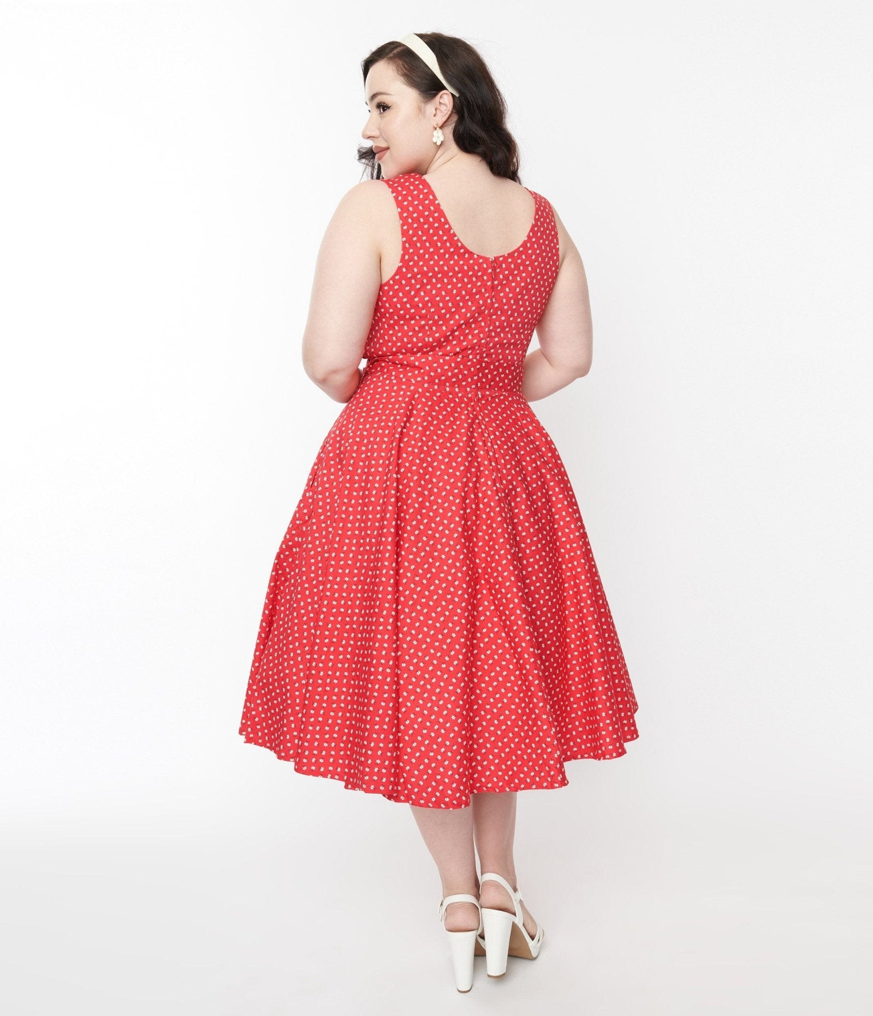 Red & White Floral Dot Belted Swing Dress