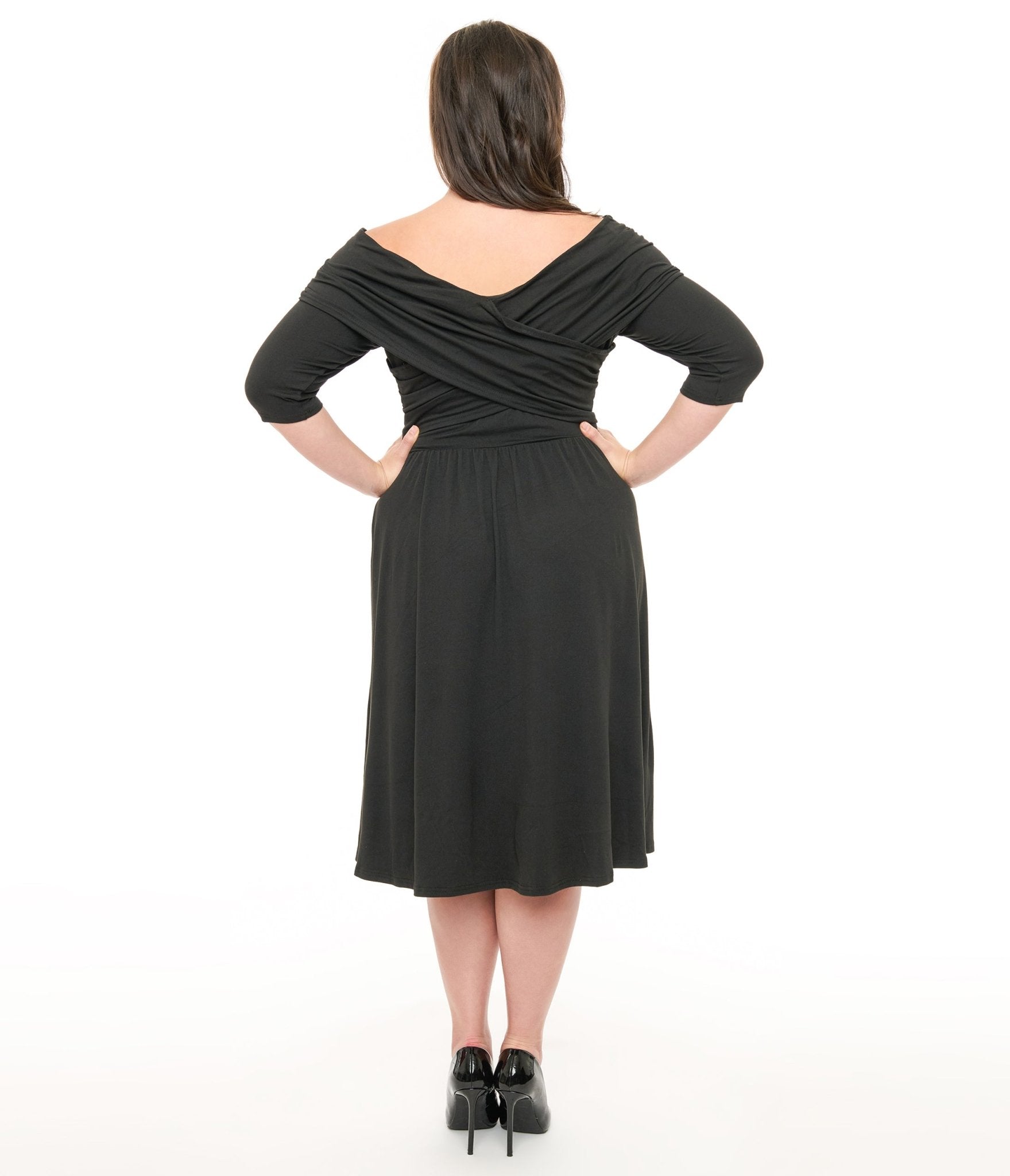 Unique Vintage Plus Size Black Shirred Off Shoulder Swing Dress