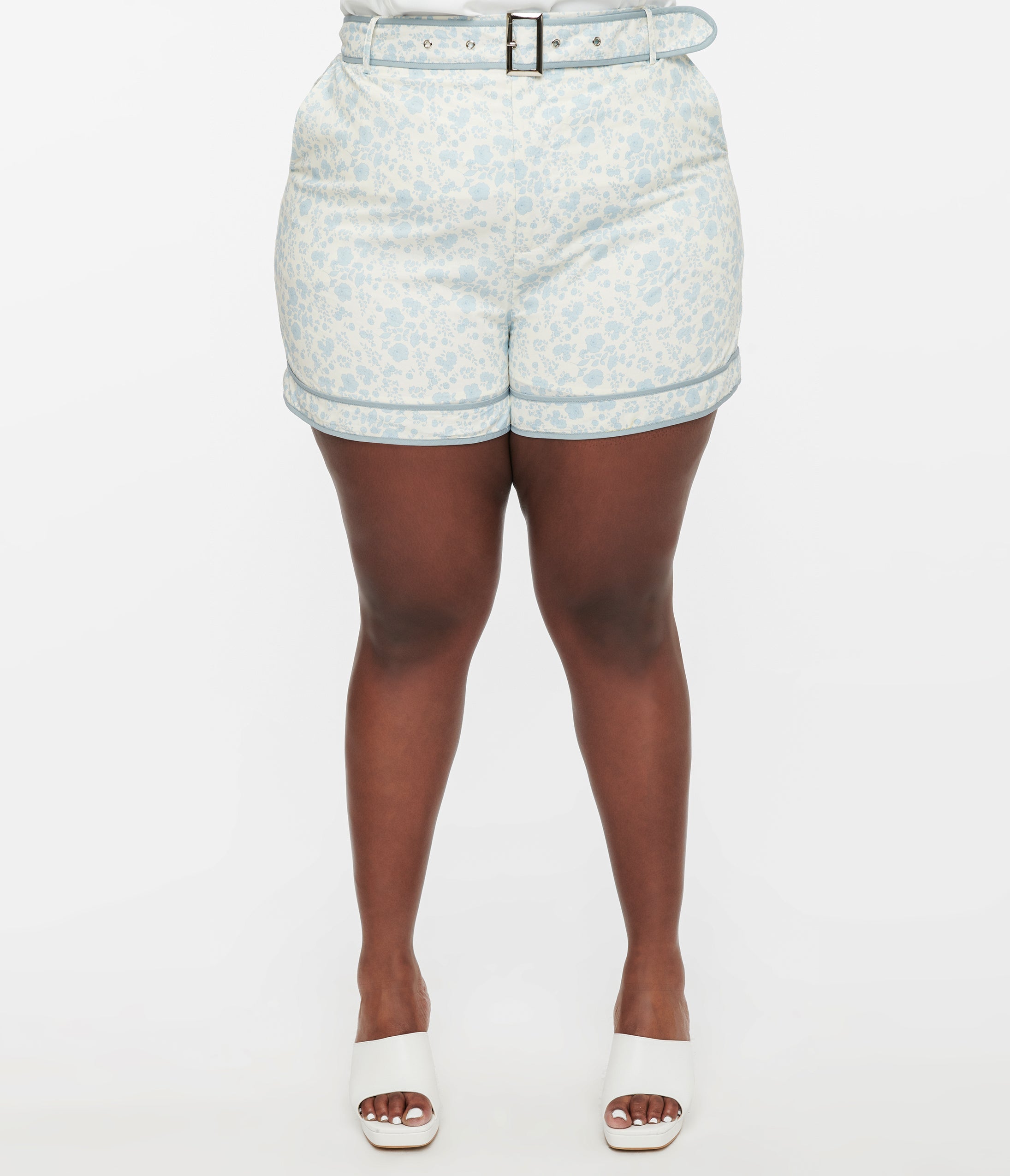 White & Dusty Blue Floral Belted Shorts