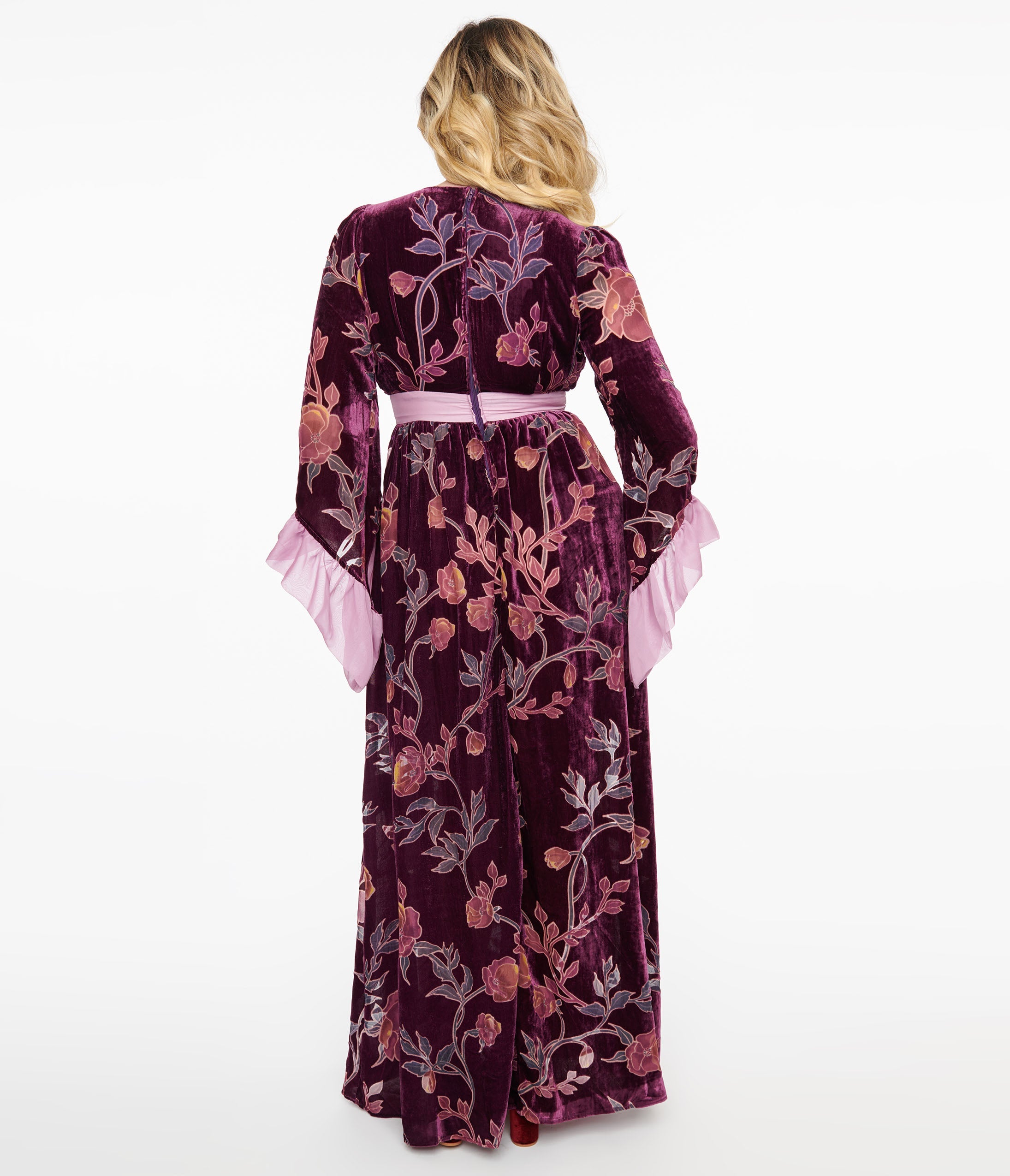 Unique Vintage 1970s Purple Floral Burnout Velvet Maxi Dress