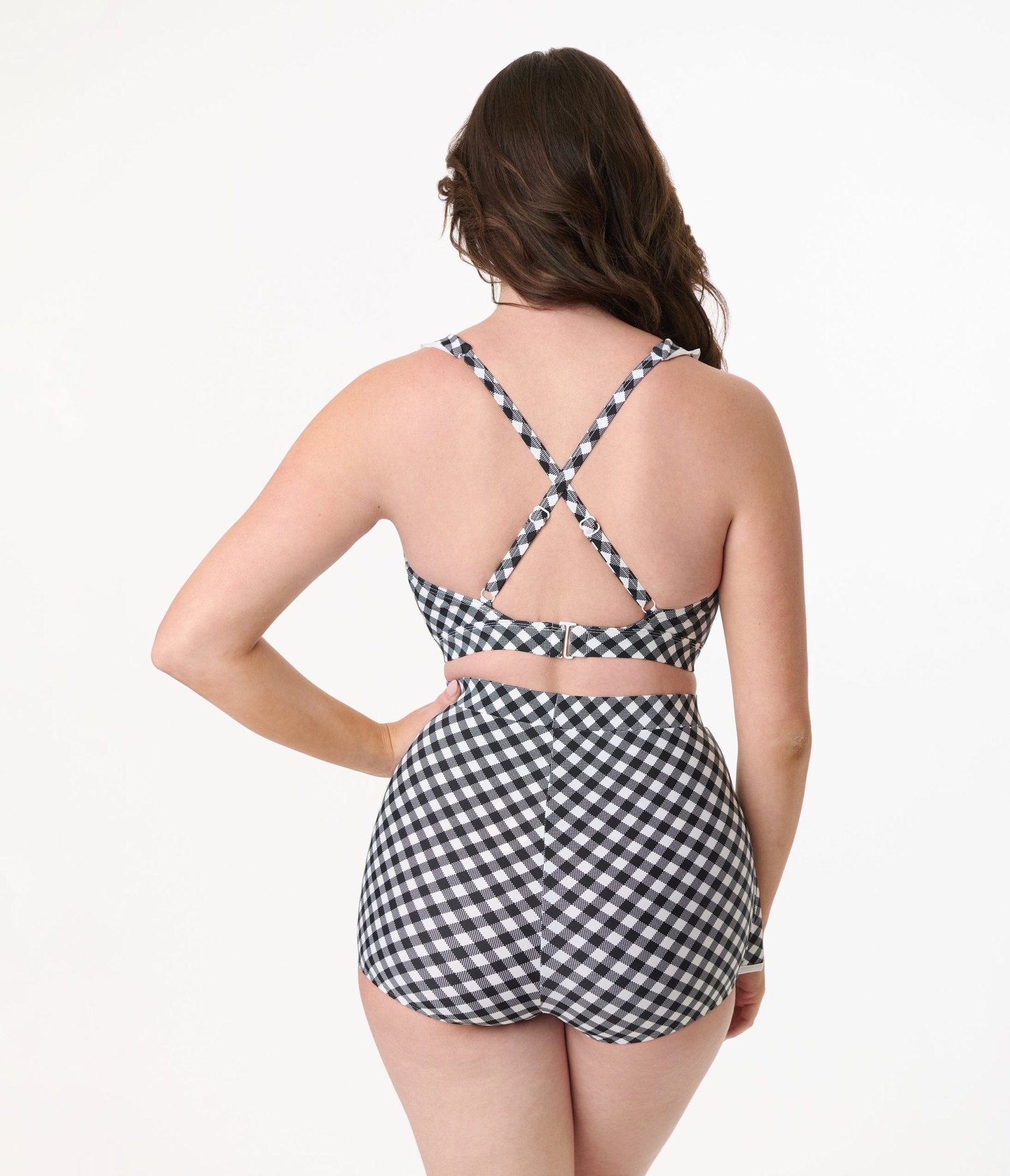 Unique Vintage Black & White Gingham Halter Swim Top