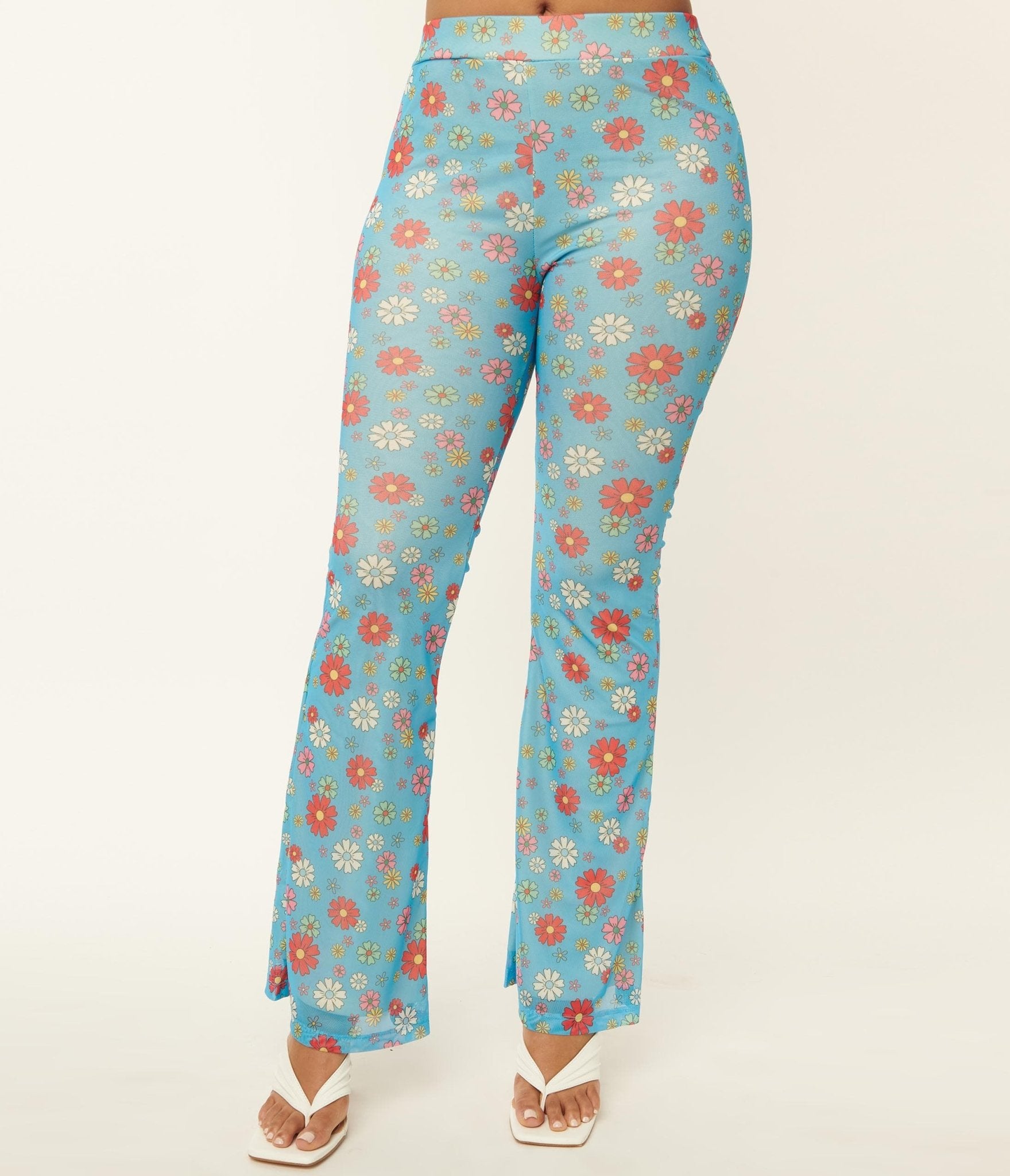 Blue & Multicolor Floral Mesh Flare Pants