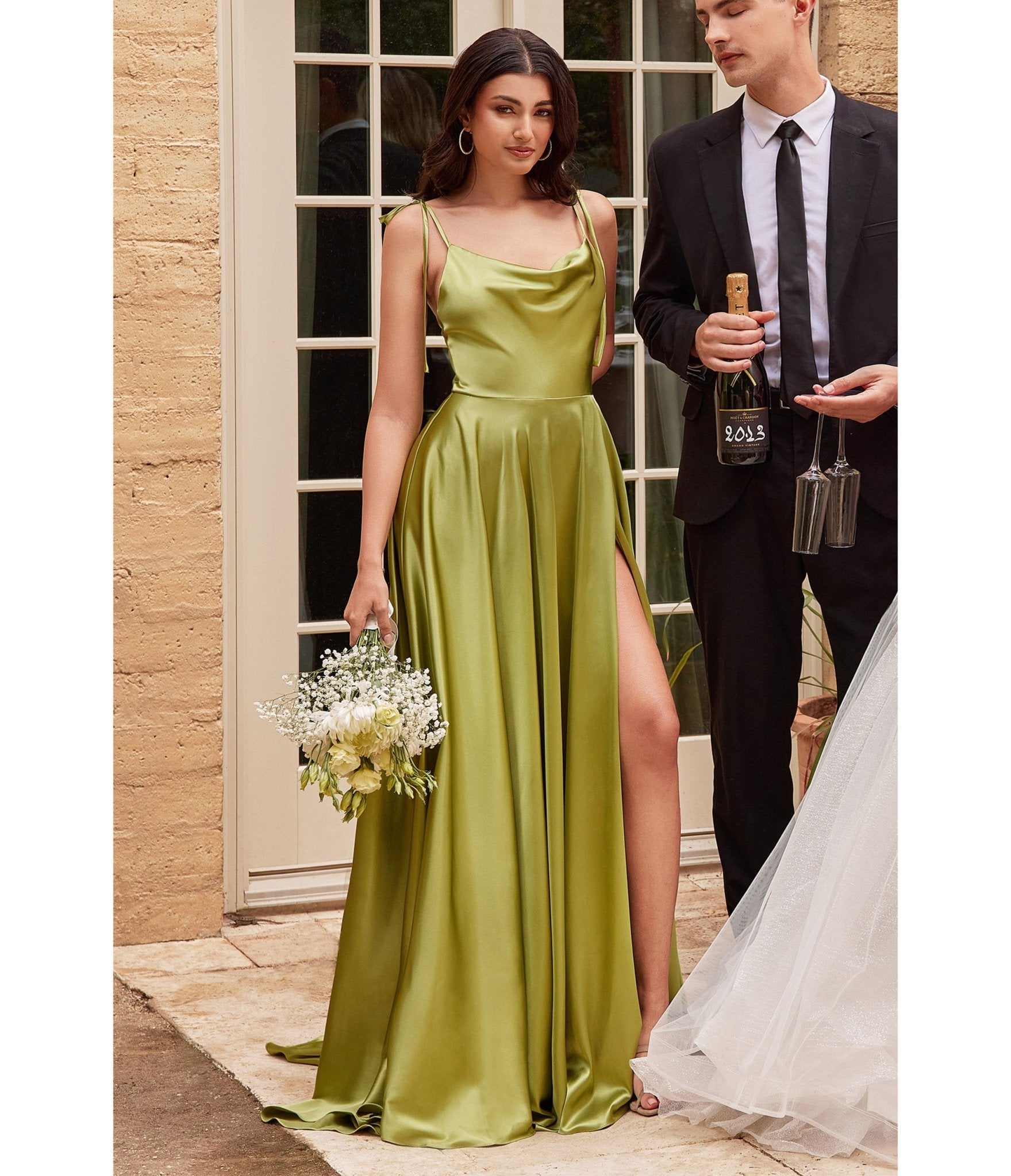 Ladivine by Cinderella Divine Chartreuse Liquid Satin Prom Gown