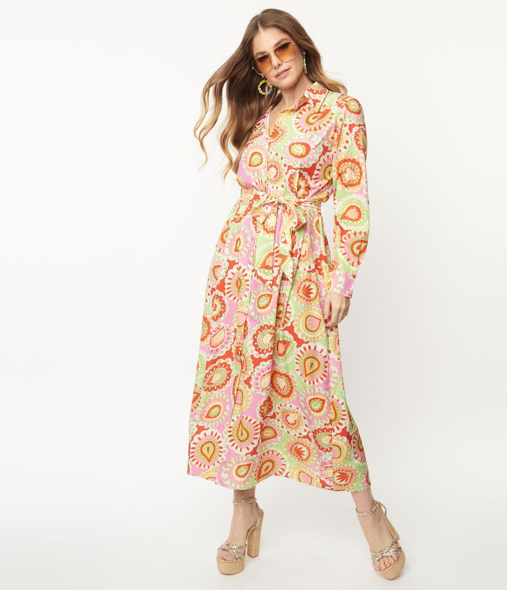 Pink & Green Paisley Print Midi Shirtdress