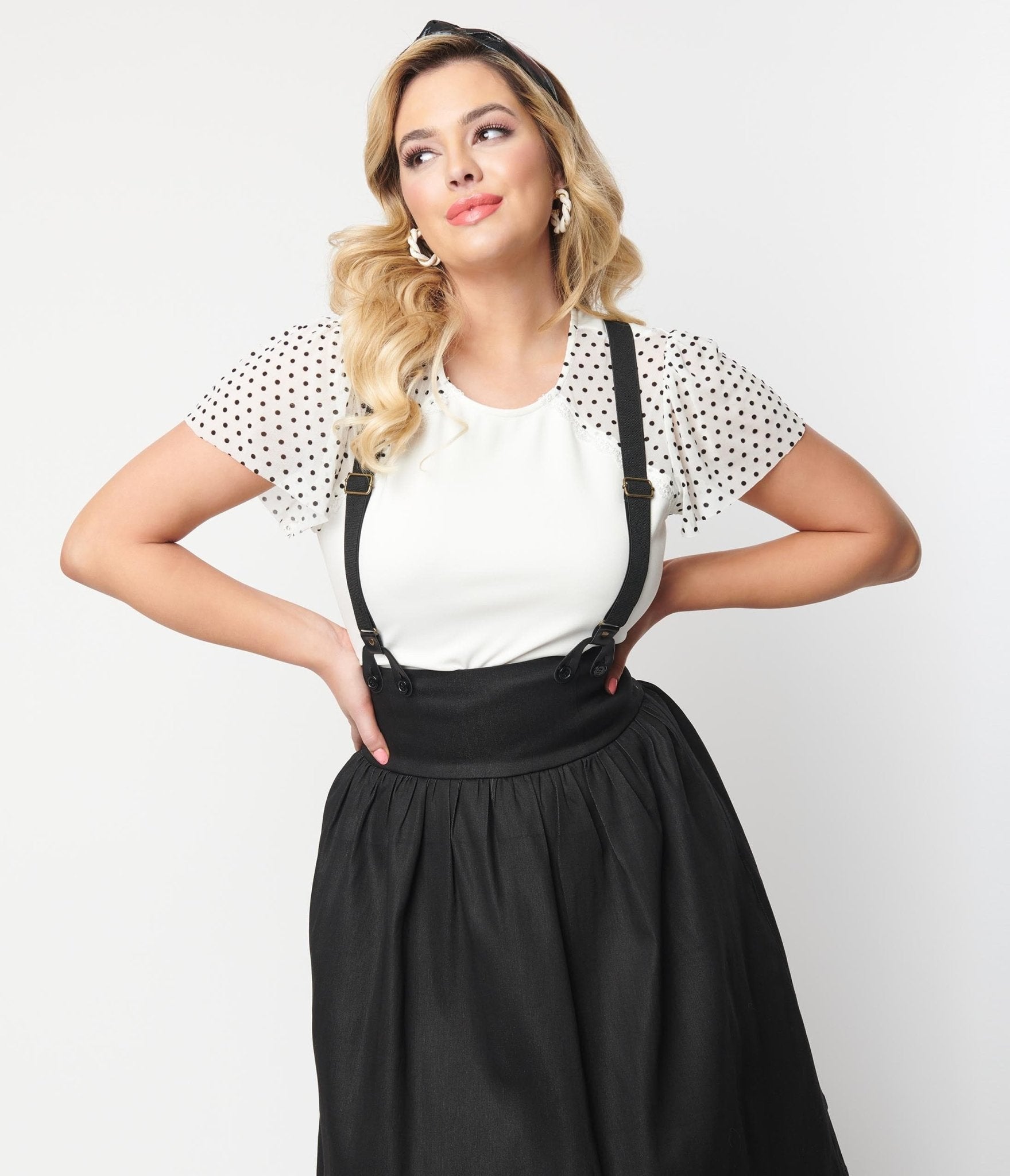 Unique Vintage White & Black Pin Dot Mesh Sleeve Top