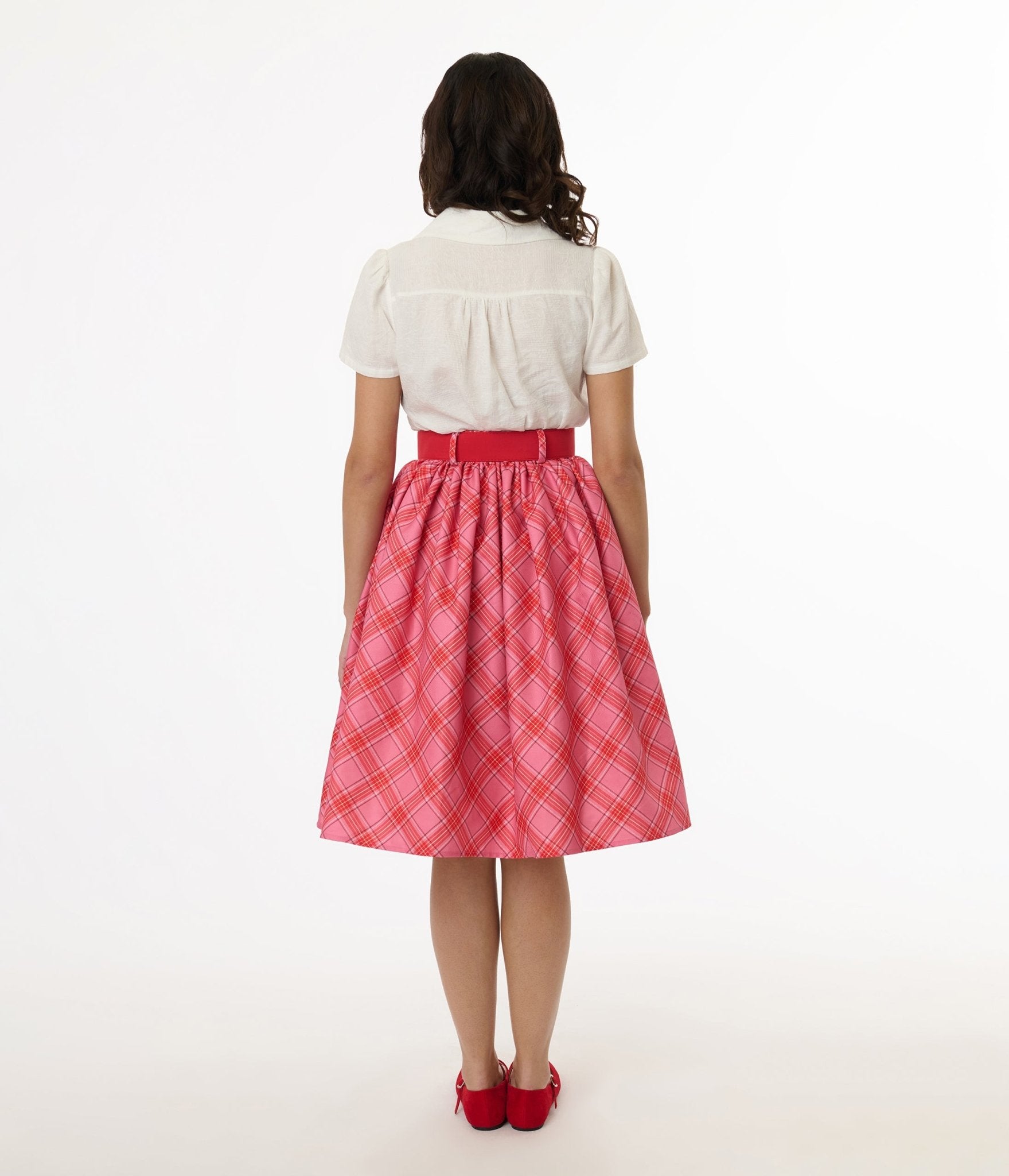 Unique Vintage 1950s Pink & Red Plaid Belted Gellar Swing Skirt