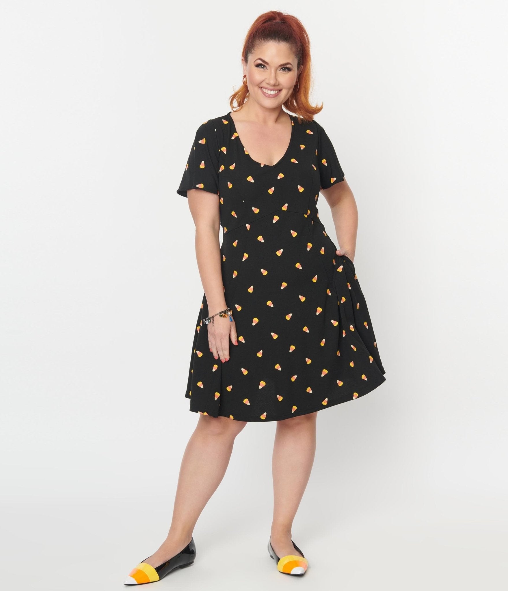 Unique Vintage Black Candy Corn Print Poppy Flare Dress