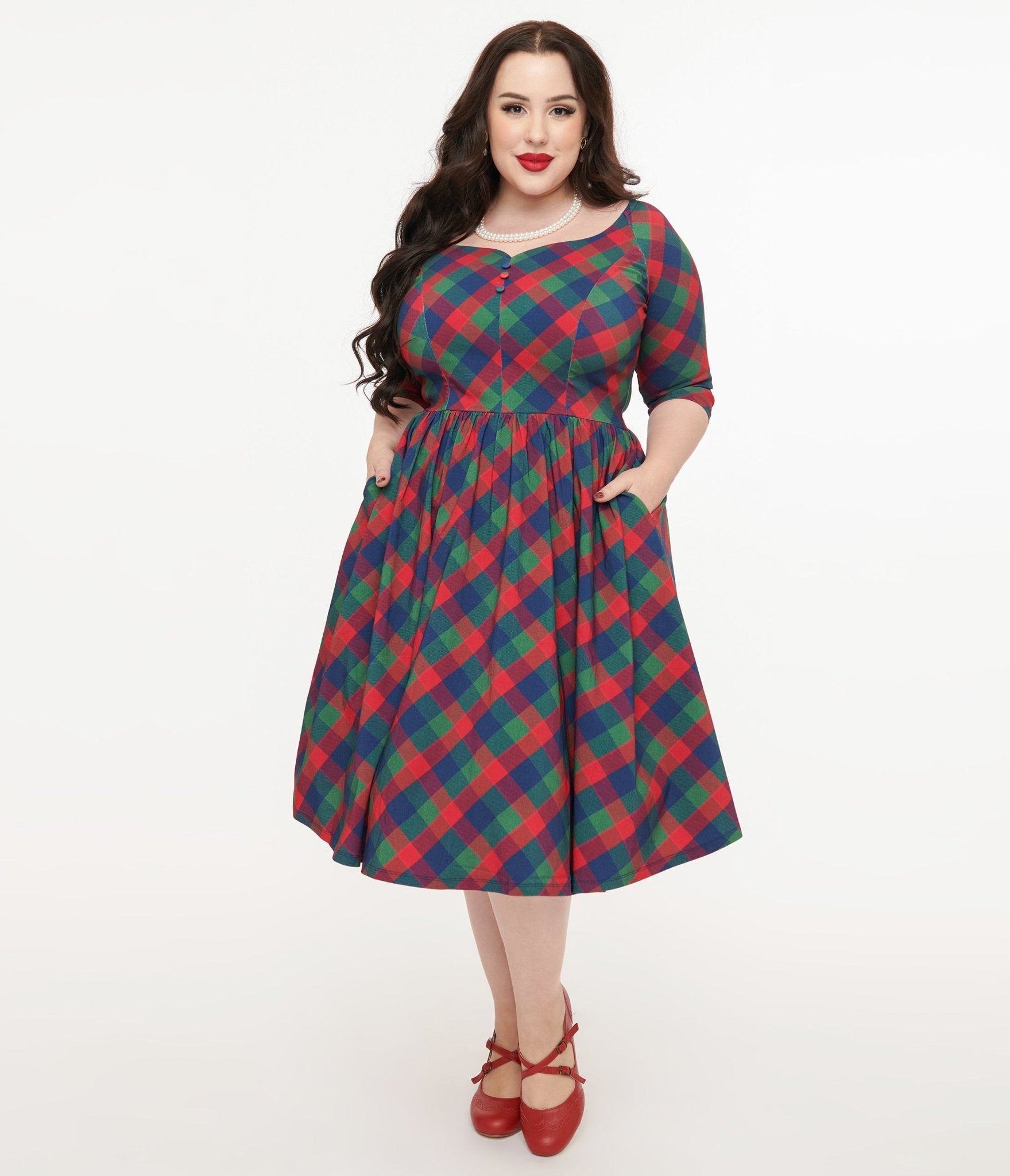 Unique Vintage Plus Size 1950s Green & Red Plaid Sweetheart Swing Dress